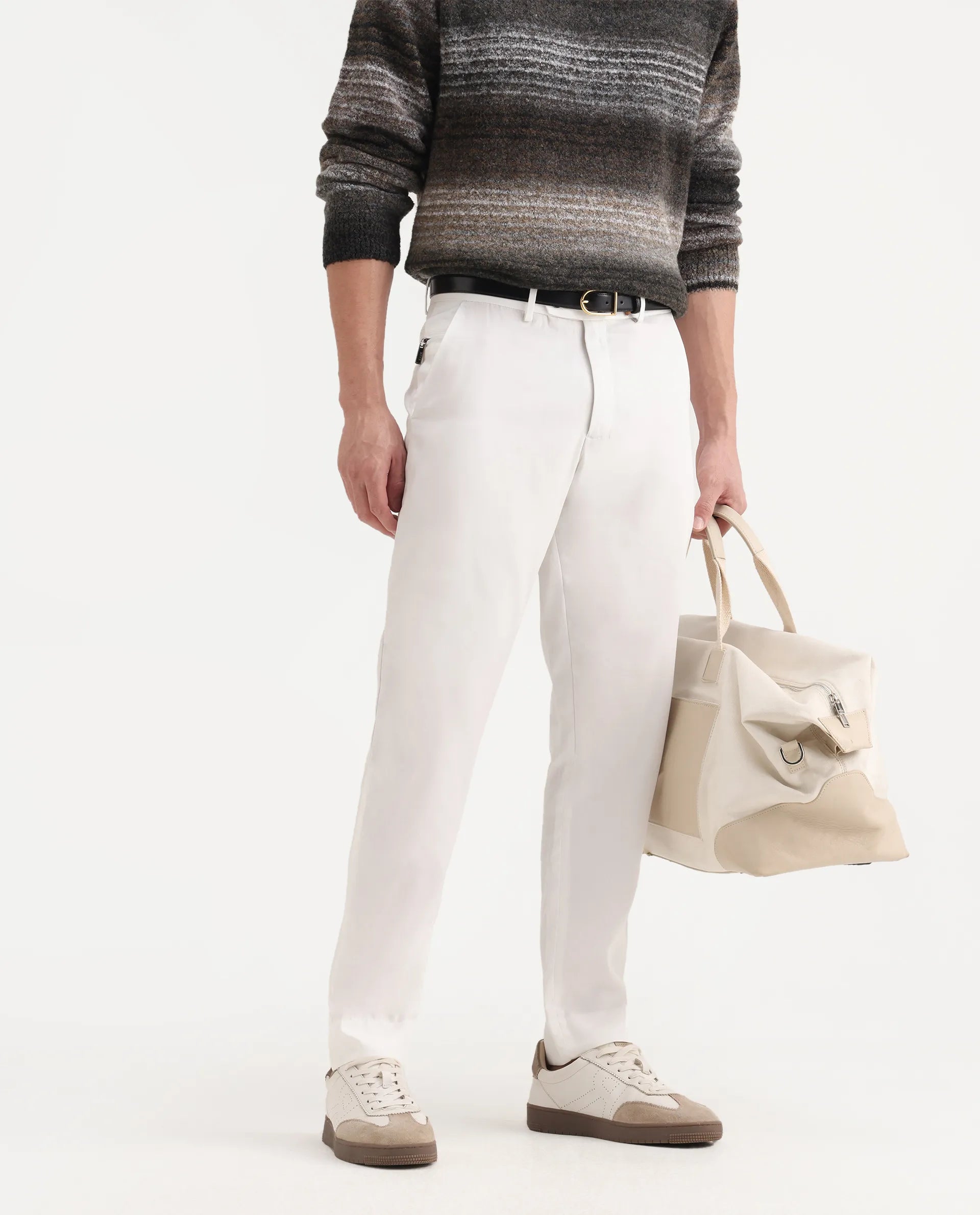 Rare Rabbit Men's Ugo White Cotton Blend Plain Regular Fit Trouser