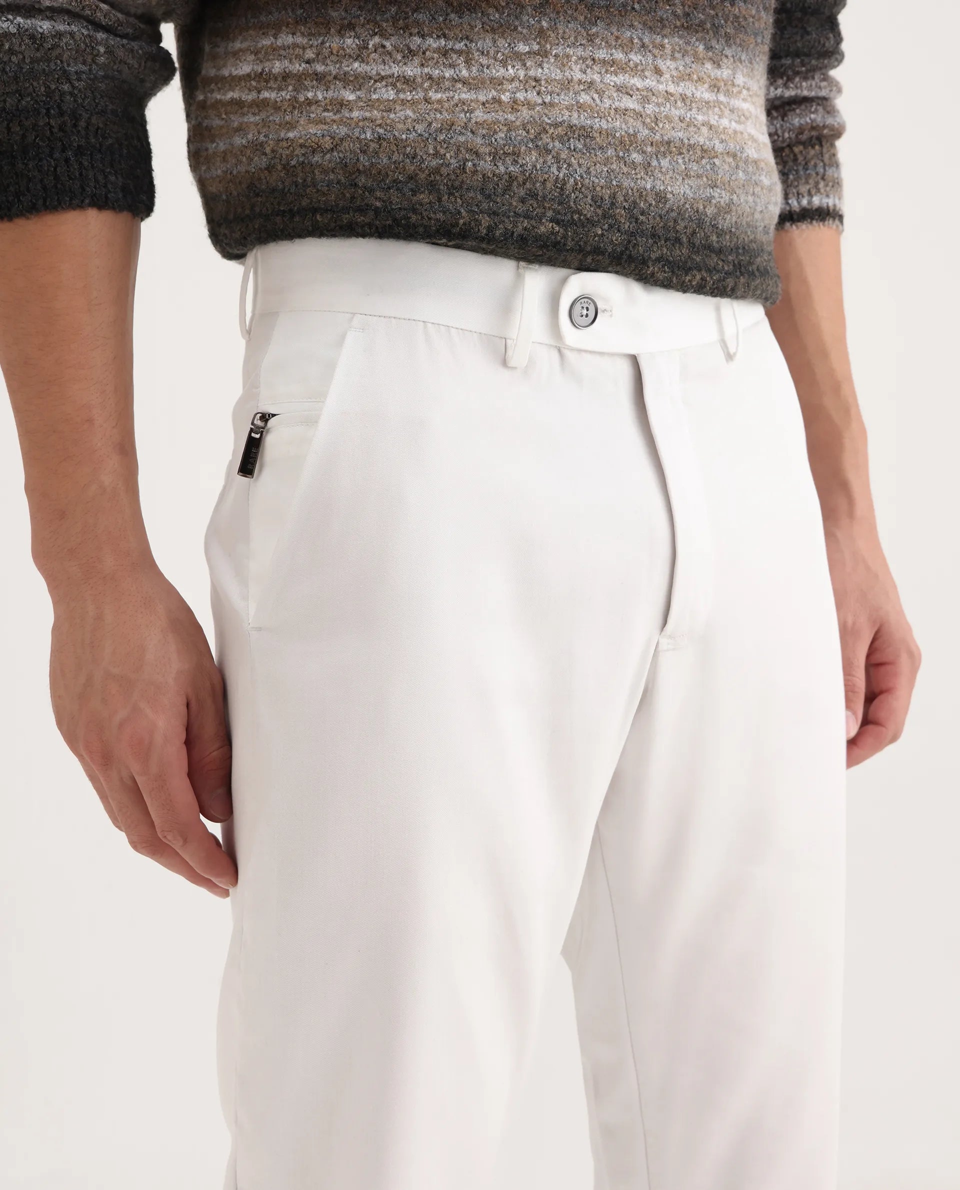Rare Rabbit Men's Ugo White Cotton Blend Plain Regular Fit Trouser