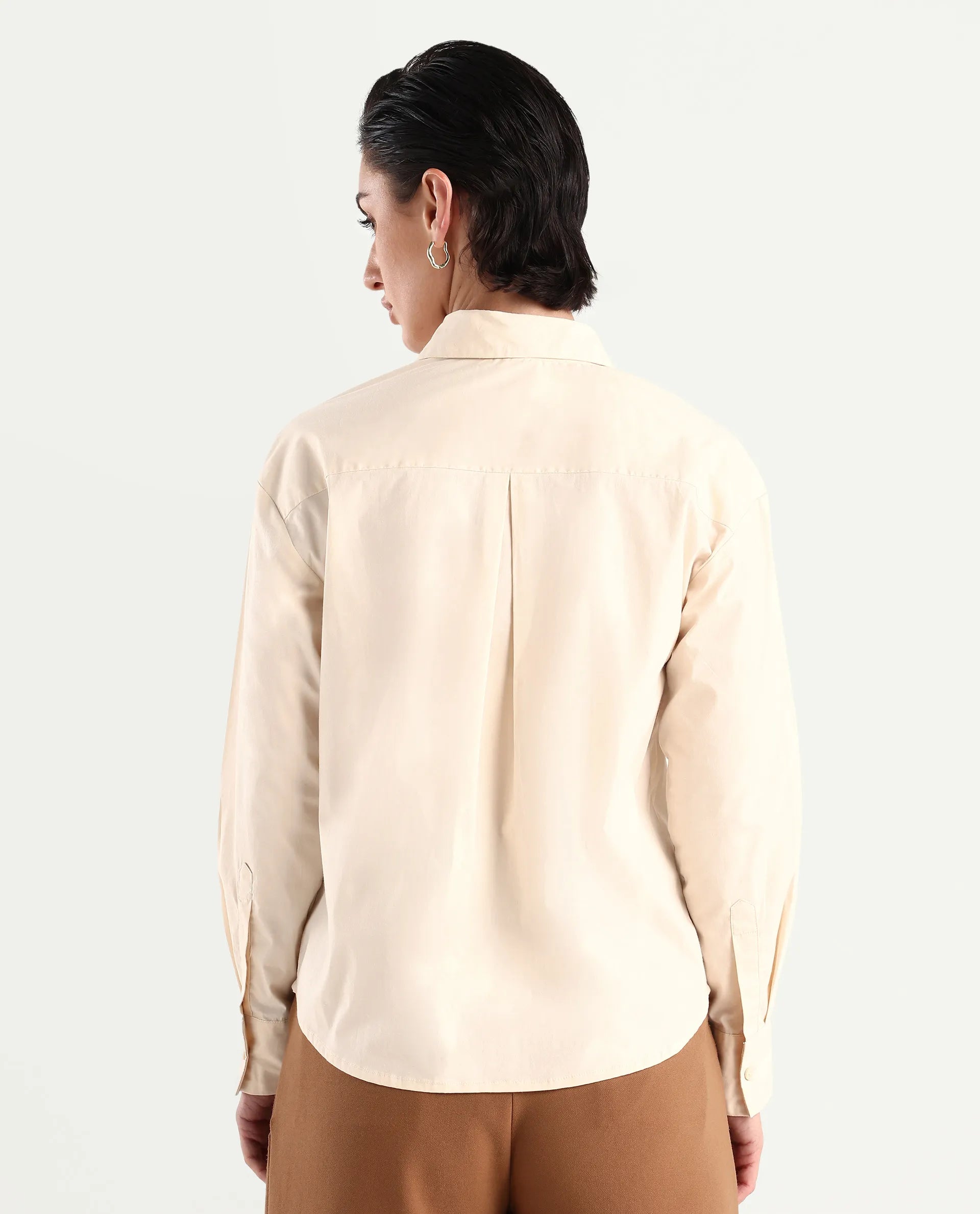 Rareism Women's Uiko Beige Cotton Blend Spread Collar Plain Cuffed Sleeve Regular Fit Shirt