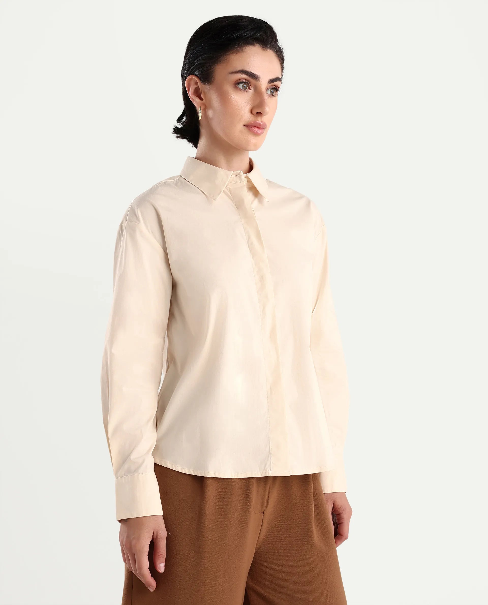 Rareism Women's Uiko Beige Cotton Blend Spread Collar Plain Cuffed Sleeve Regular Fit Shirt