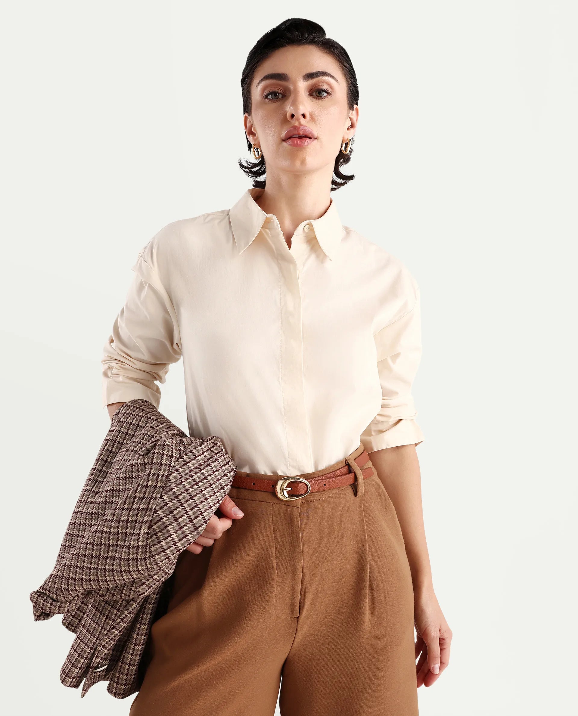 Rareism Women's Uiko Beige Cotton Blend Spread Collar Plain Cuffed Sleeve Regular Fit Shirt