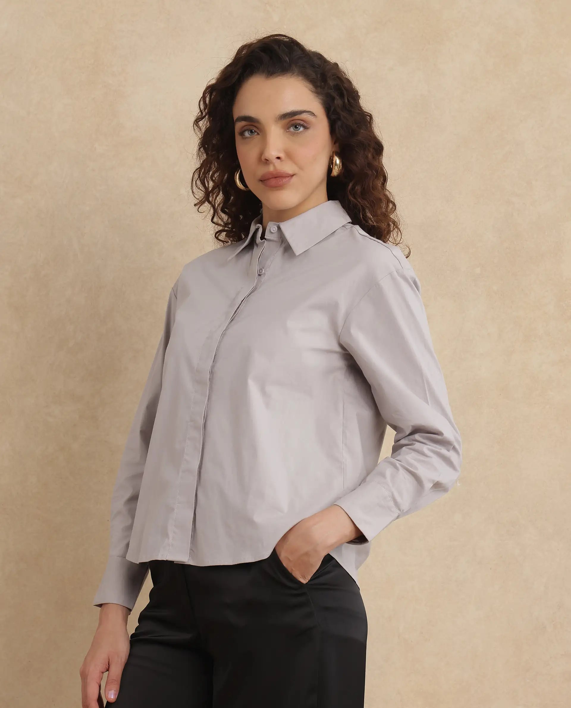 Rareism Women Uiko Grey Plain Shirt