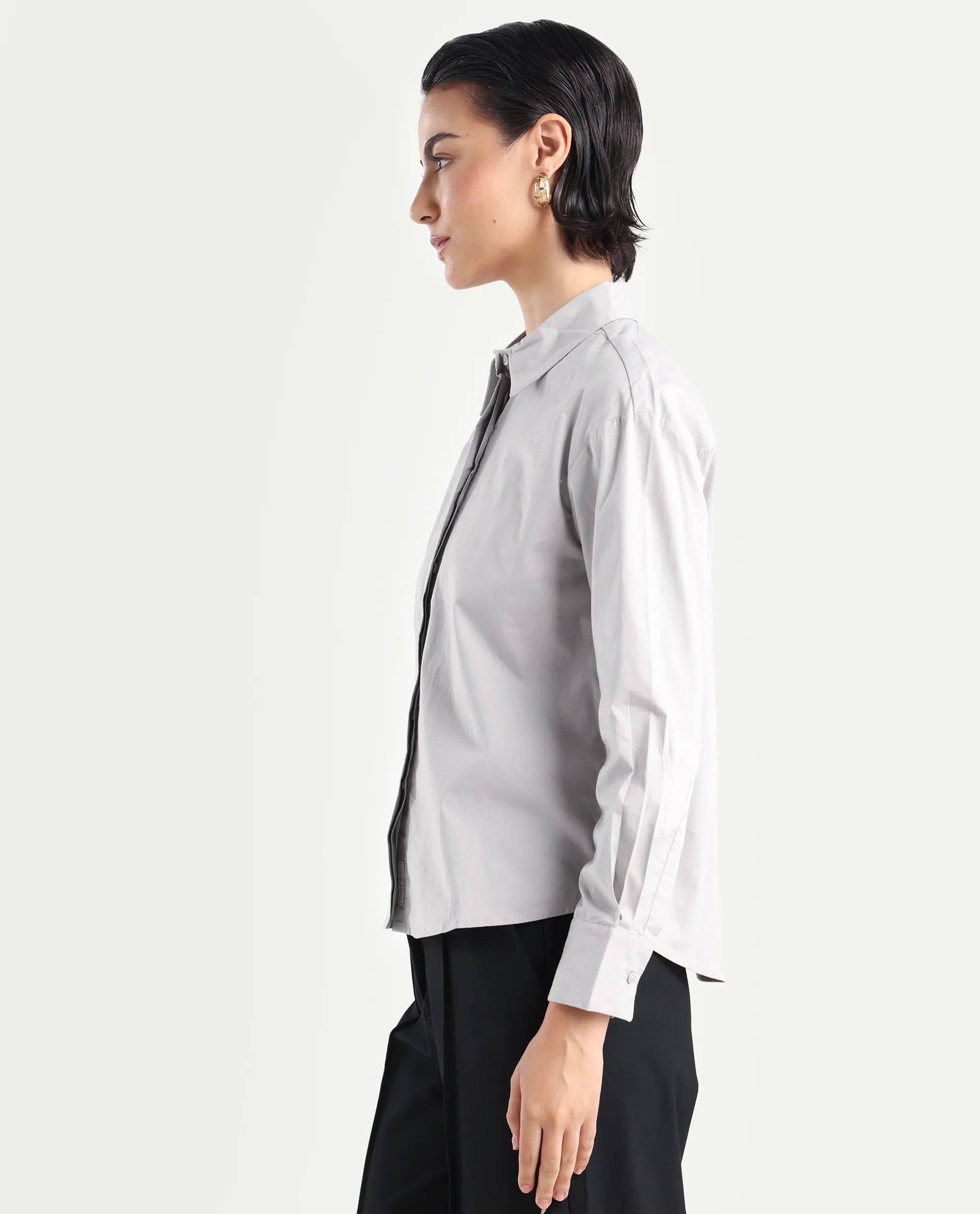 Rareism Women's Uiko Grey Cotton Drop Collar Plain Cuffed Sleeve Regular Fit Shirt
