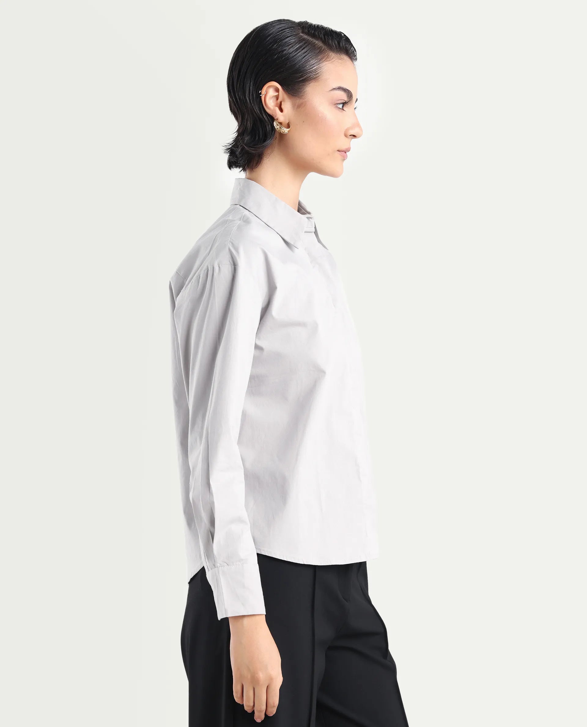 Rareism Women's Uiko Grey Cotton Drop Collar Plain Cuffed Sleeve Regular Fit Shirt