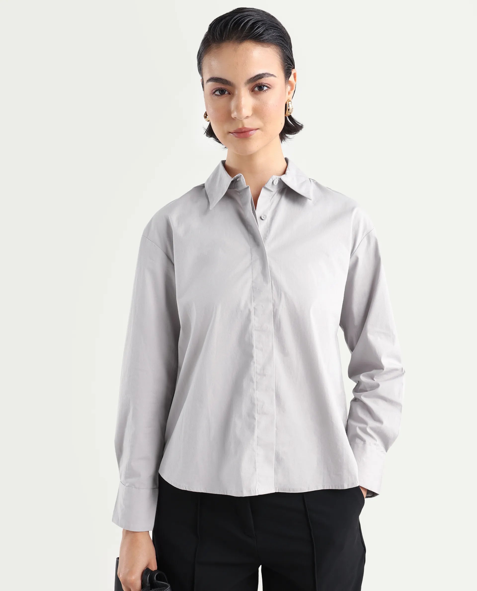 Rareism Women's Uiko Grey Cotton Drop Collar Plain Cuffed Sleeve Regular Fit Shirt