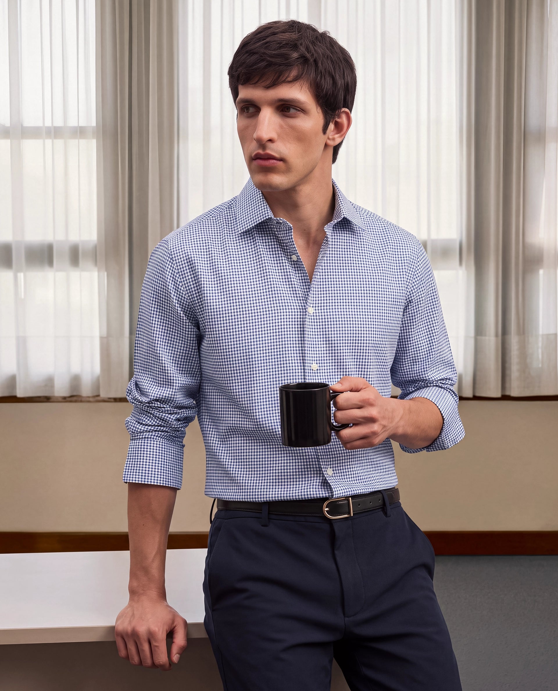 Rare Rabbit Men's Ulan Primary Navy Polyester Blend Spread Collar Button Regular Checked Shirt