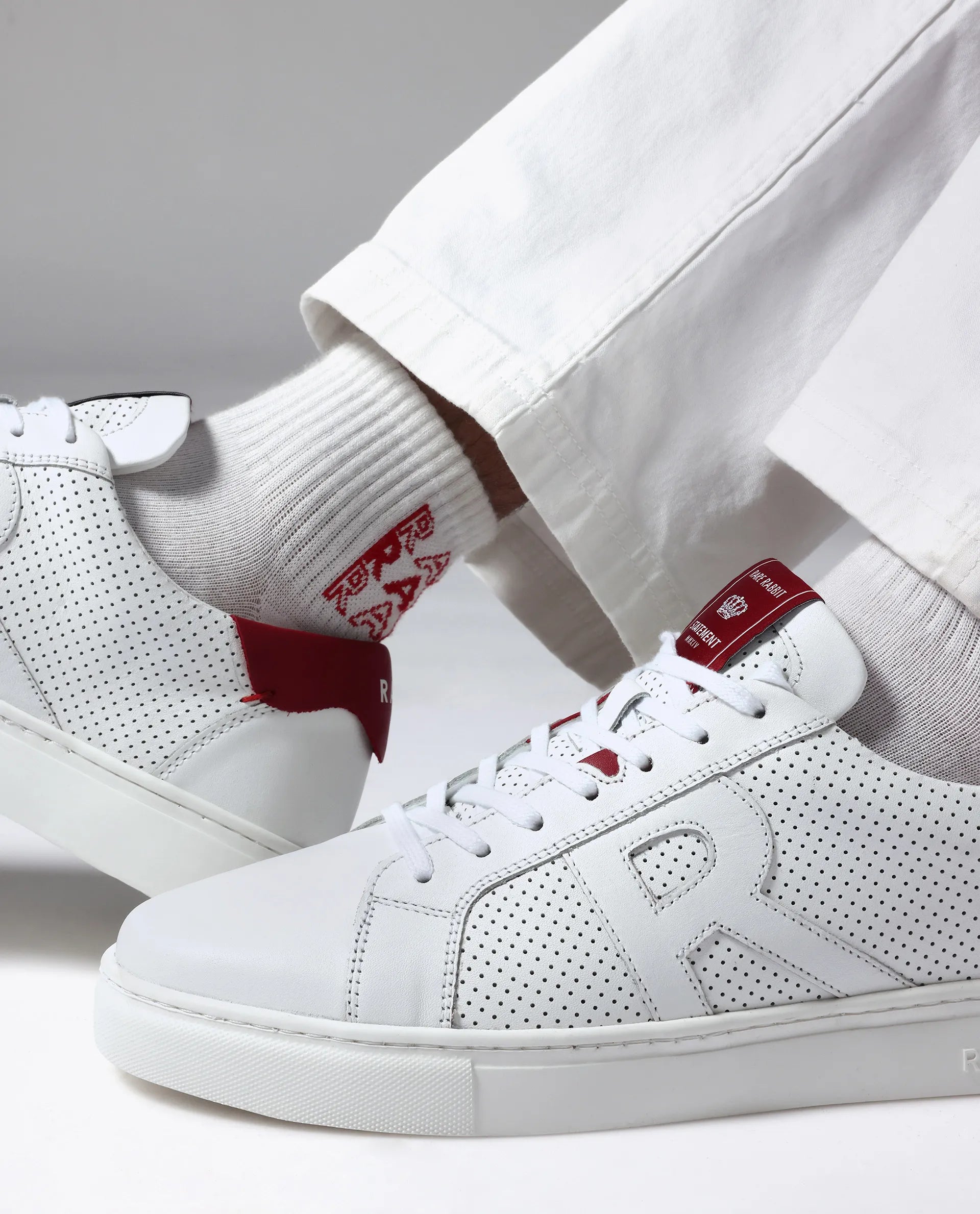 Rare Rabbit Men Umbra White Lace-Up Genuine Leather Low-Top Perforated Shoes