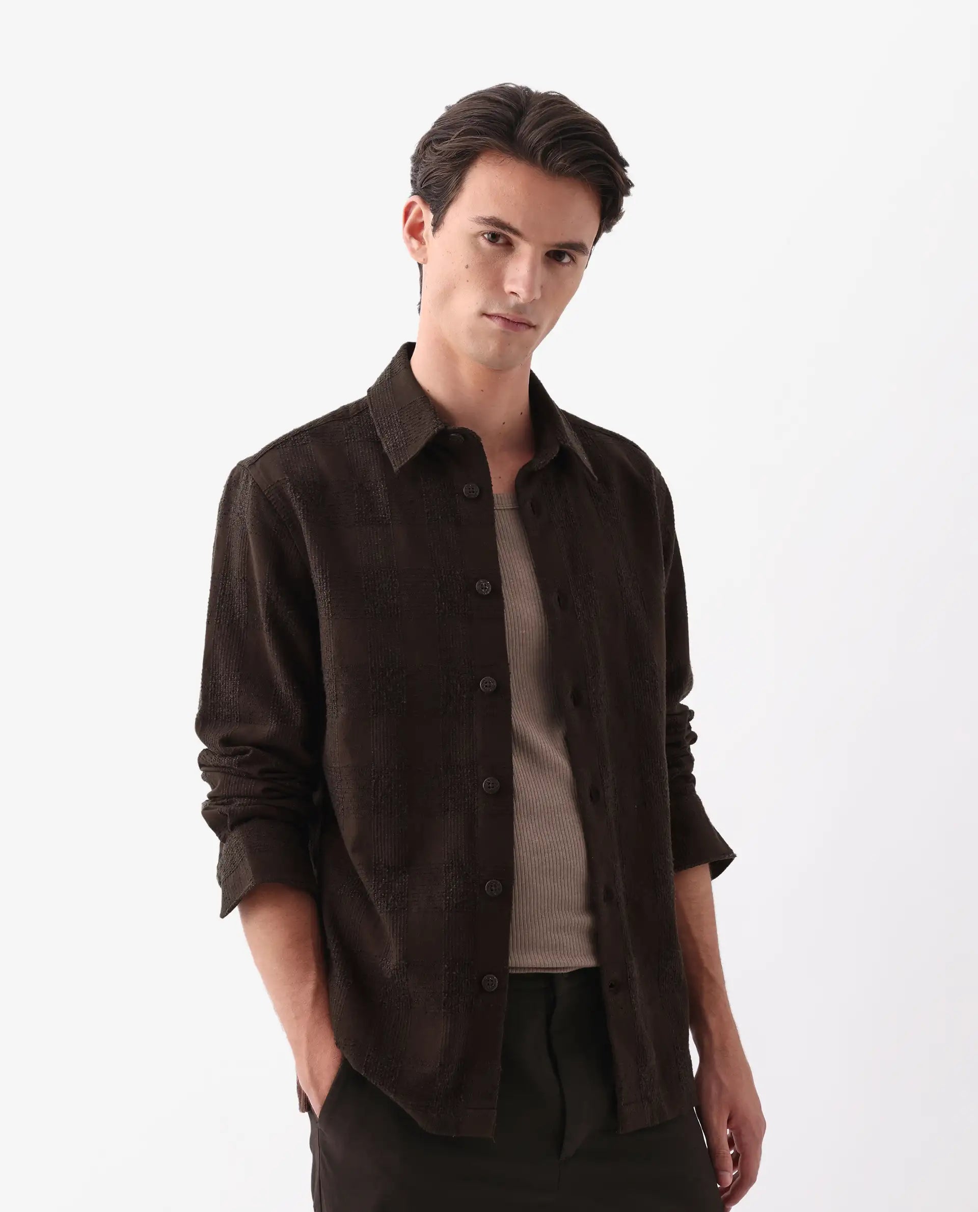 Rare Rabbit Men's Una Brown Cotton Checked Print Regular Fit Full Sleeve Collared Shirt