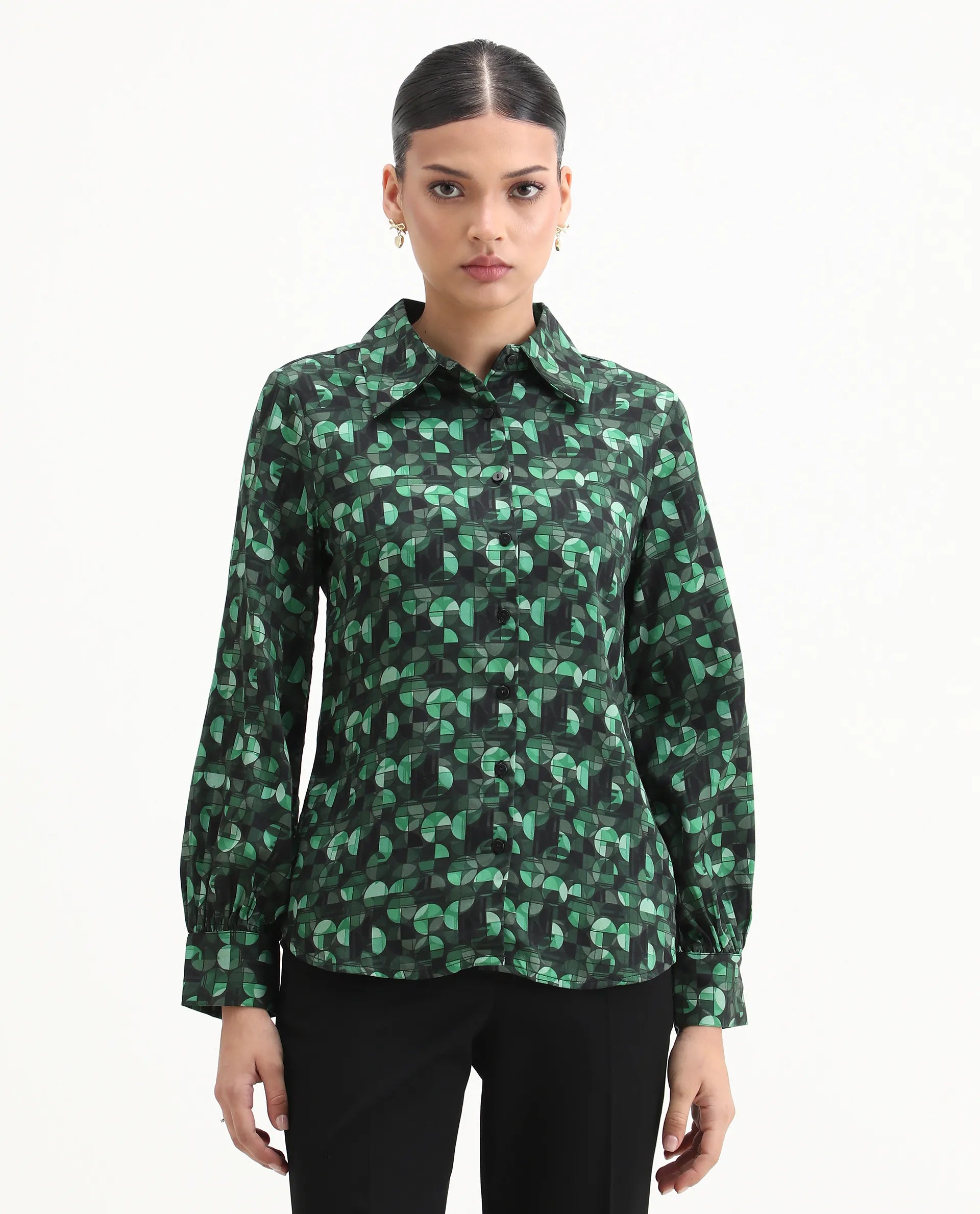 Rareism Women's Unio Dark Green Polyester Drop Collar Geometric Print Cuffed Sleeve Regular Fit Shirt