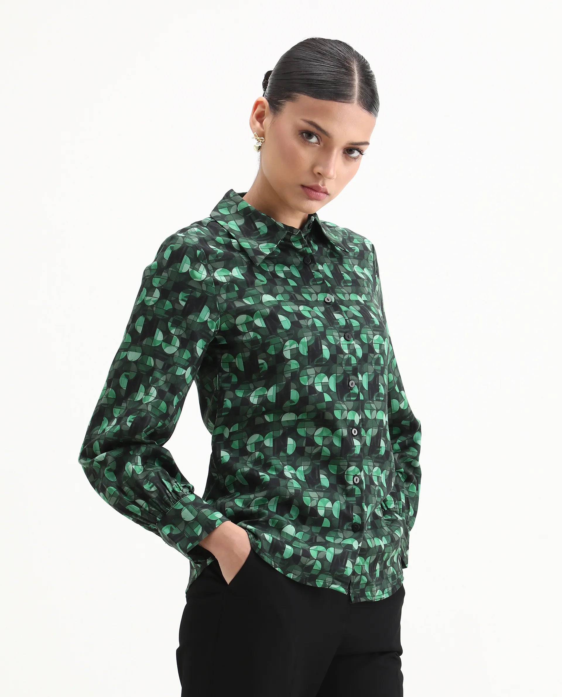 Rareism Women's Unio Dark Green Polyester Drop Collar Geometric Print Cuffed Sleeve Regular Fit Shirt