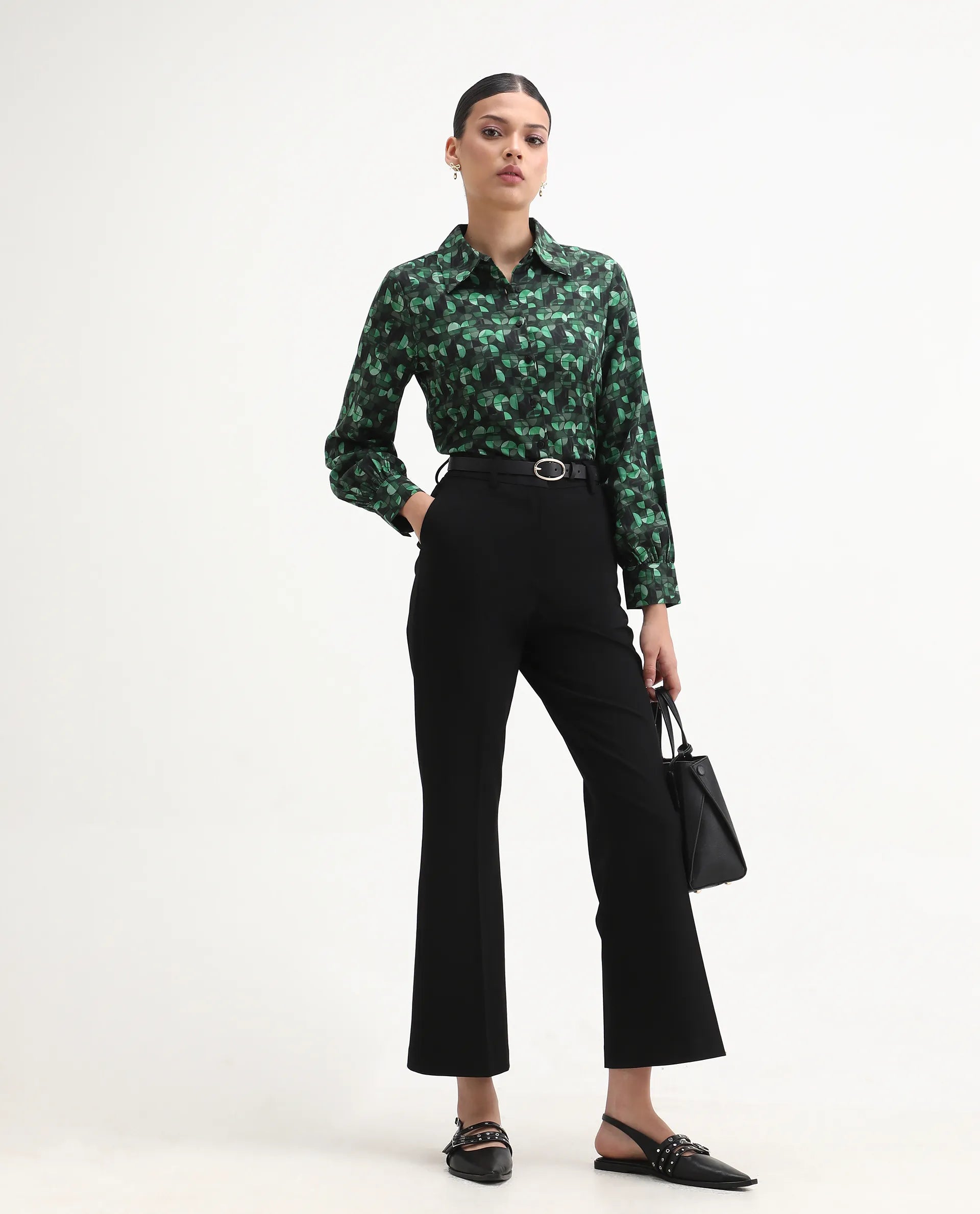 Rareism Women's Unio Dark Green Polyester Drop Collar Geometric Print Cuffed Sleeve Regular Fit Shirt