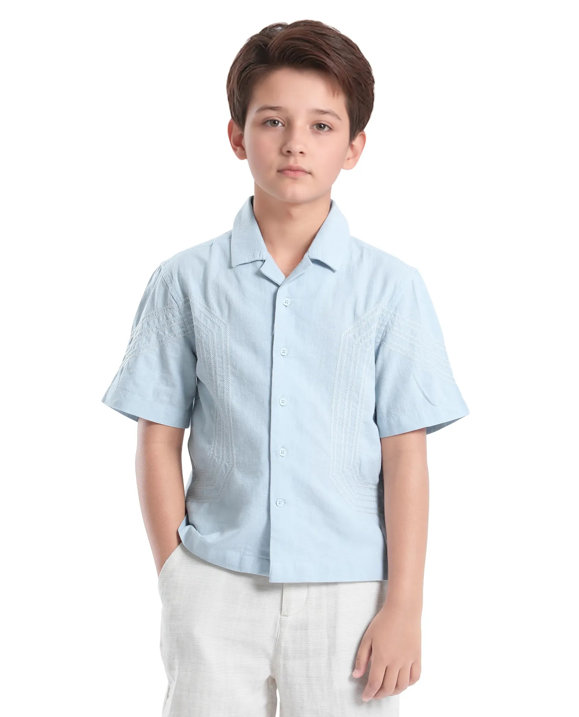 Rare Ones Kids Uno Blue Cotton Half Sleeve Solid Button Closure Regular Fit Shirt