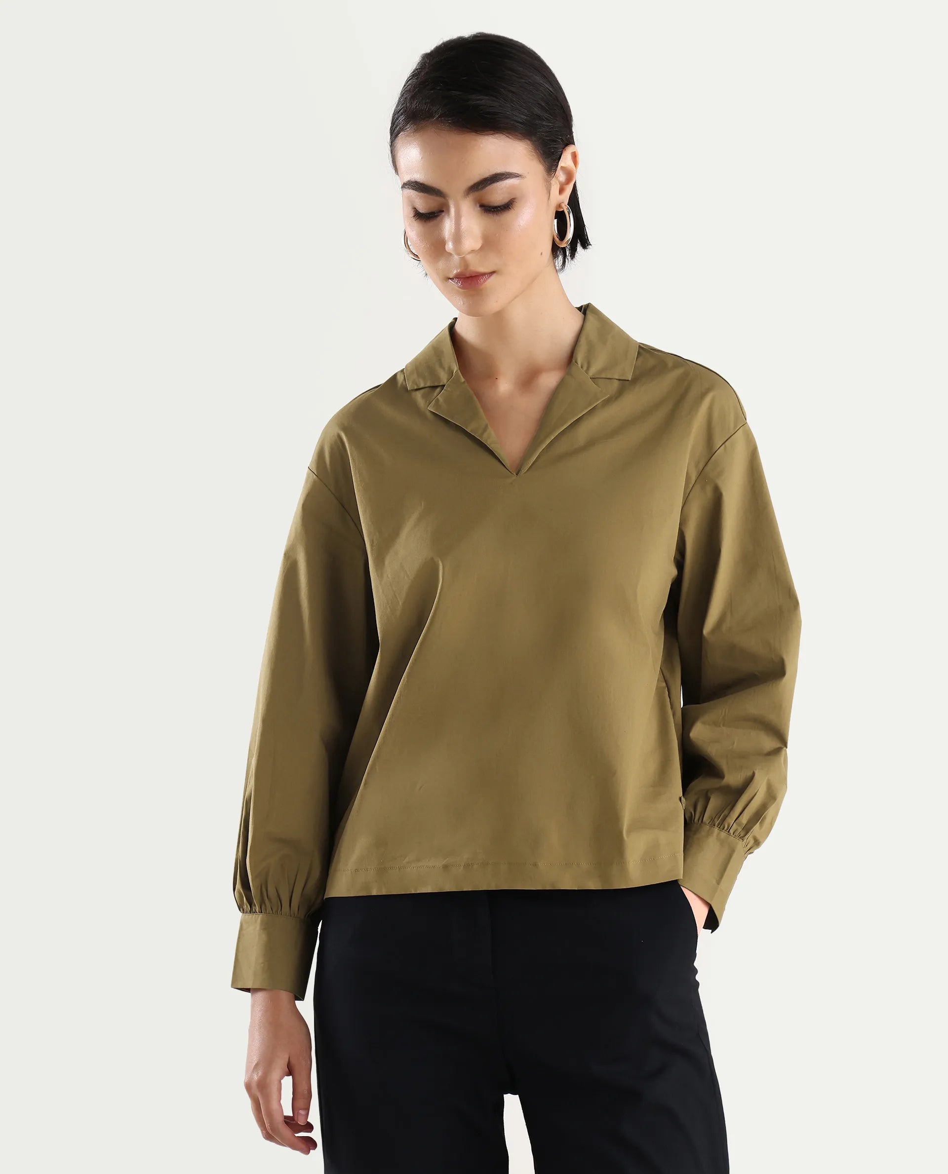 Rareism Women's Uono Light Brown Cotton Blend Lapel Neck Plain Cuffed Sleeve Regular Fit Top