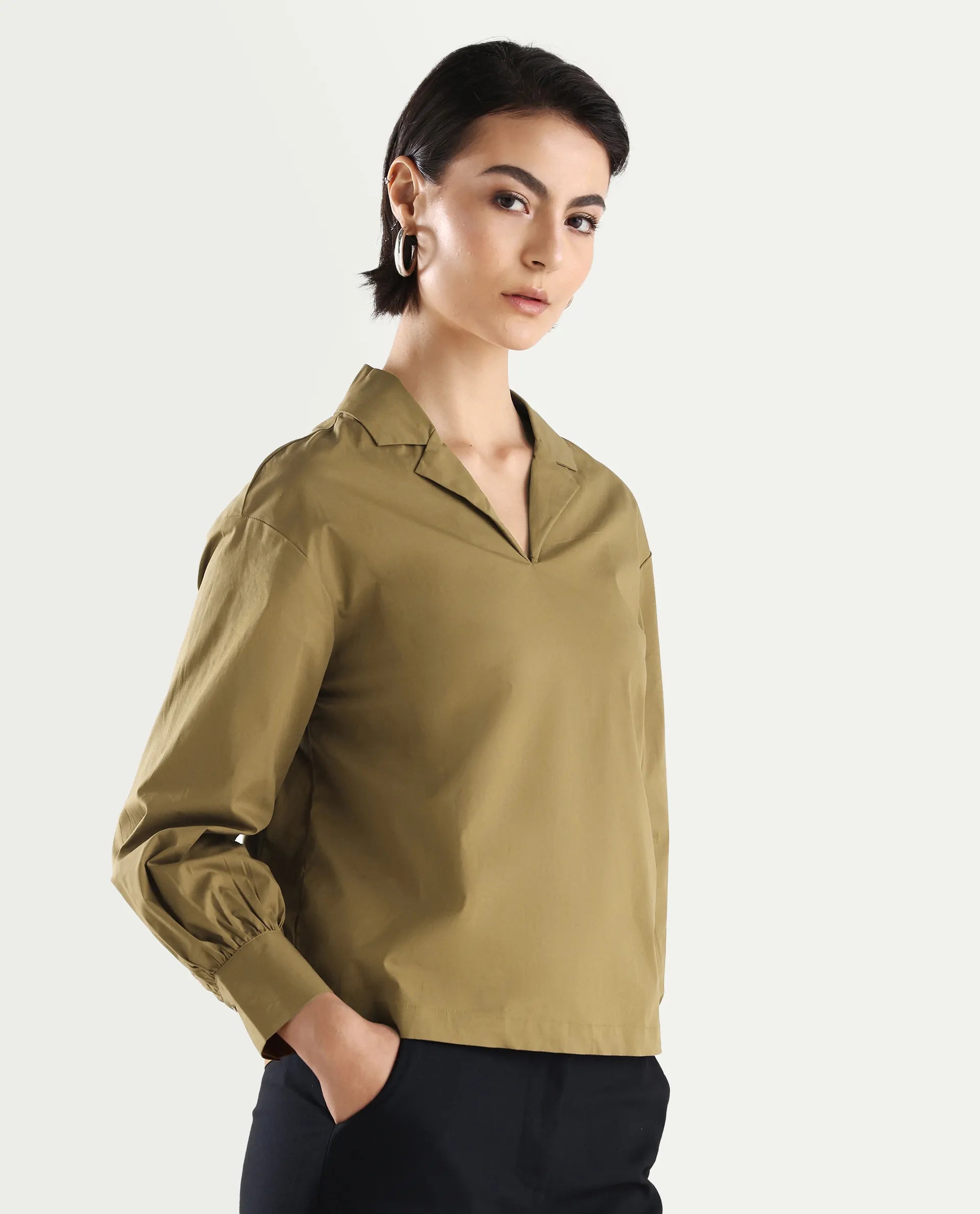 Rareism Women's Uono Light Brown Cotton Blend Lapel Neck Plain Cuffed Sleeve Regular Fit Top