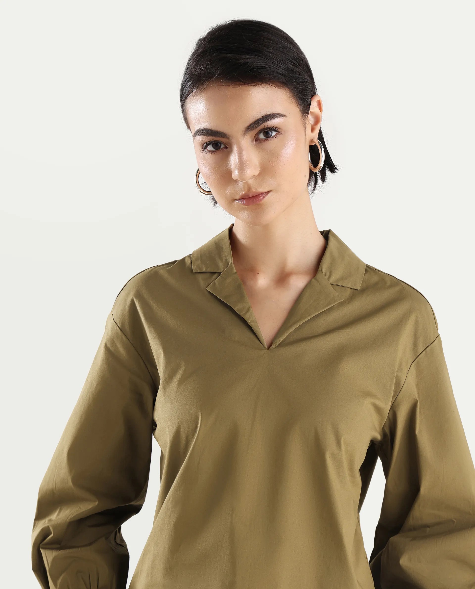 Rareism Women's Uono Light Brown Cotton Blend Lapel Neck Plain Cuffed Sleeve Regular Fit Top