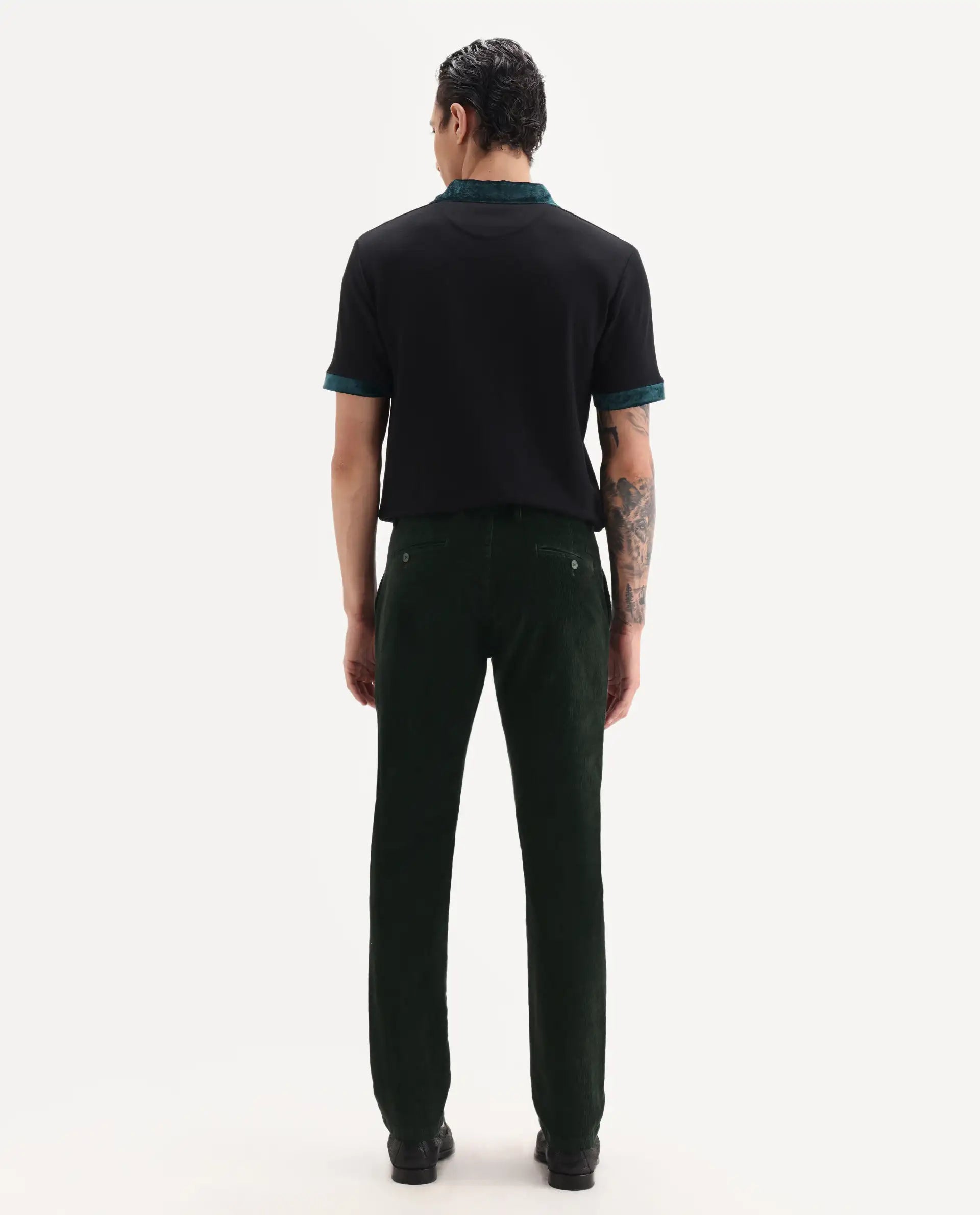 Rare Rabbit Men's Upton Dark Green Cotton Plain Regular Fit Trouser