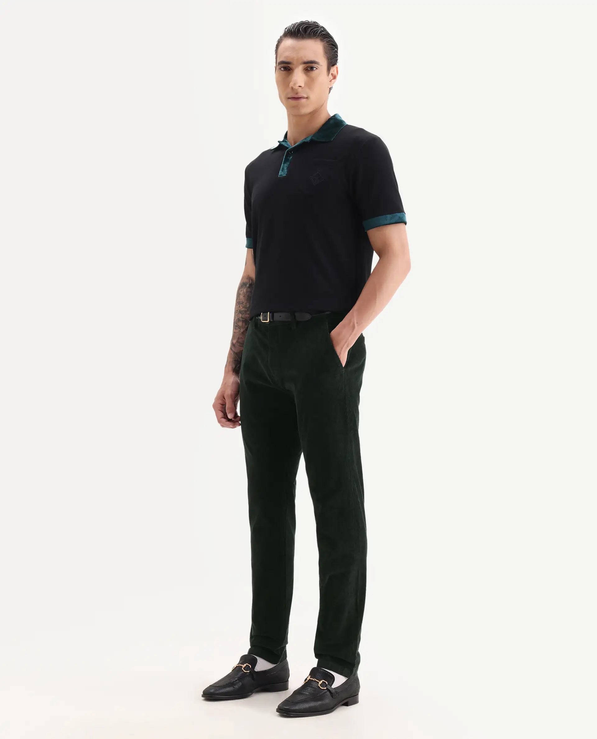 Rare Rabbit Men's Upton Dark Green Cotton Plain Regular Fit Trouser