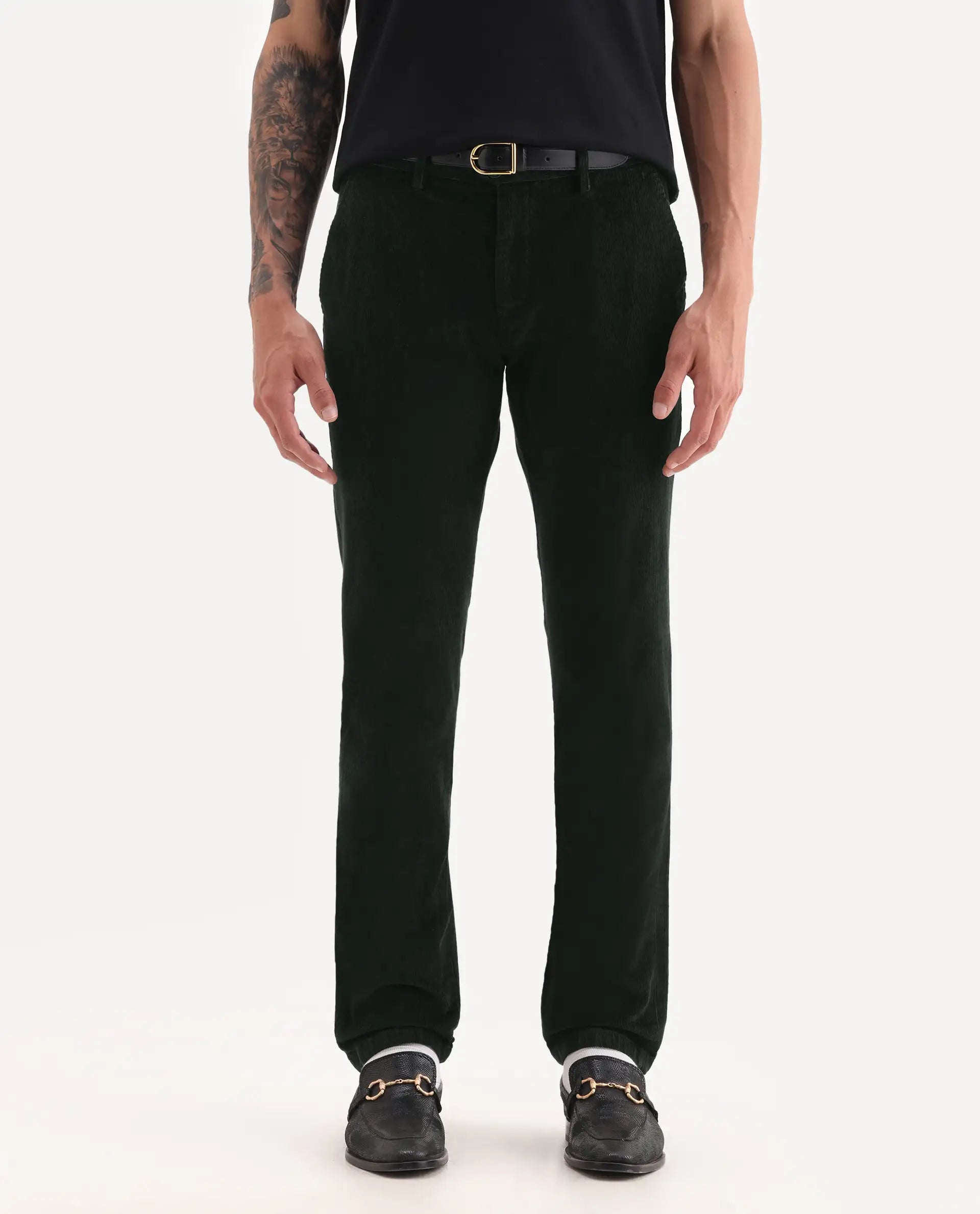 Rare Rabbit Men's Upton Dark Green Cotton Plain Regular Fit Trouser