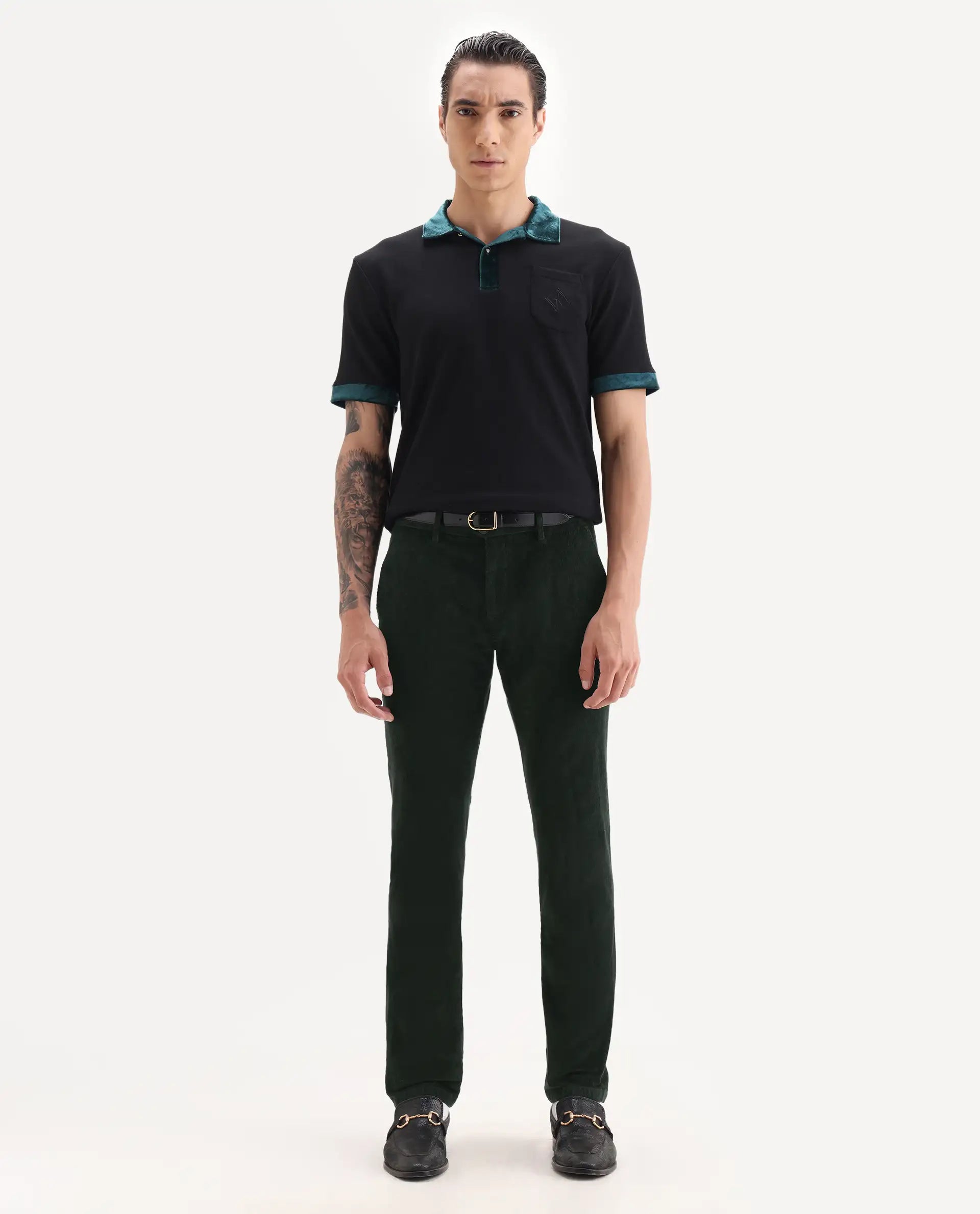 Rare Rabbit Men's Upton Dark Green Cotton Plain Regular Fit Trouser