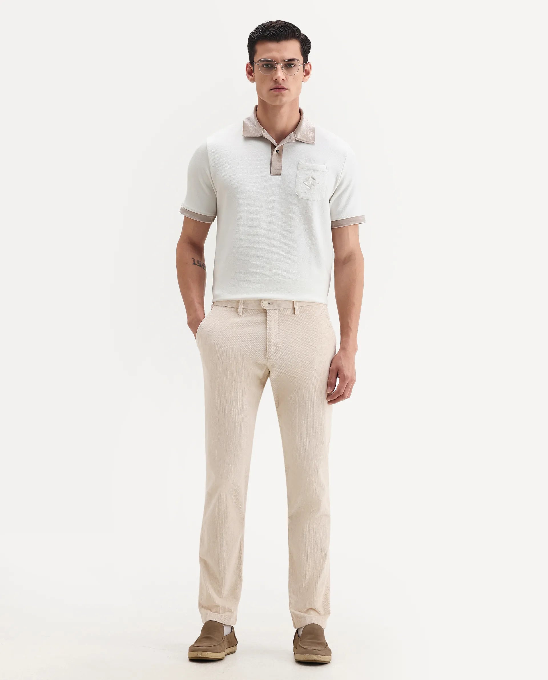 Rare Rabbit Men's Upton Off White Cotton Plain Regular Fit Trouser