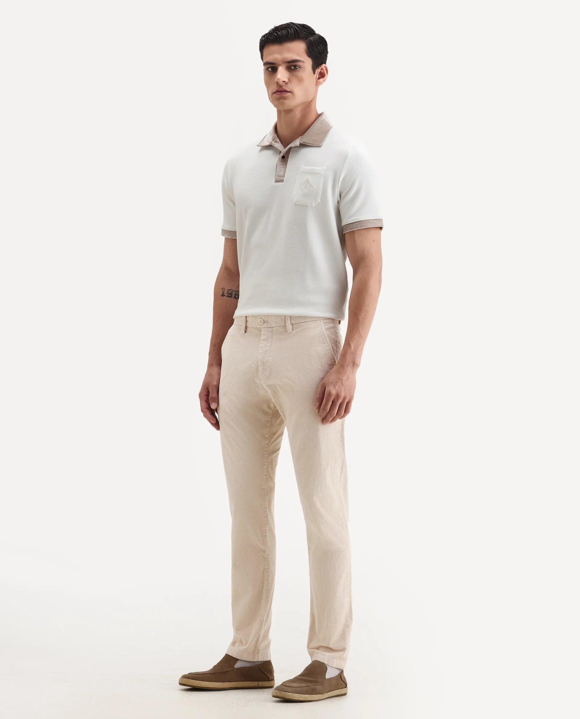 Rare Rabbit Men's Upton Off White Cotton Plain Regular Fit Trouser