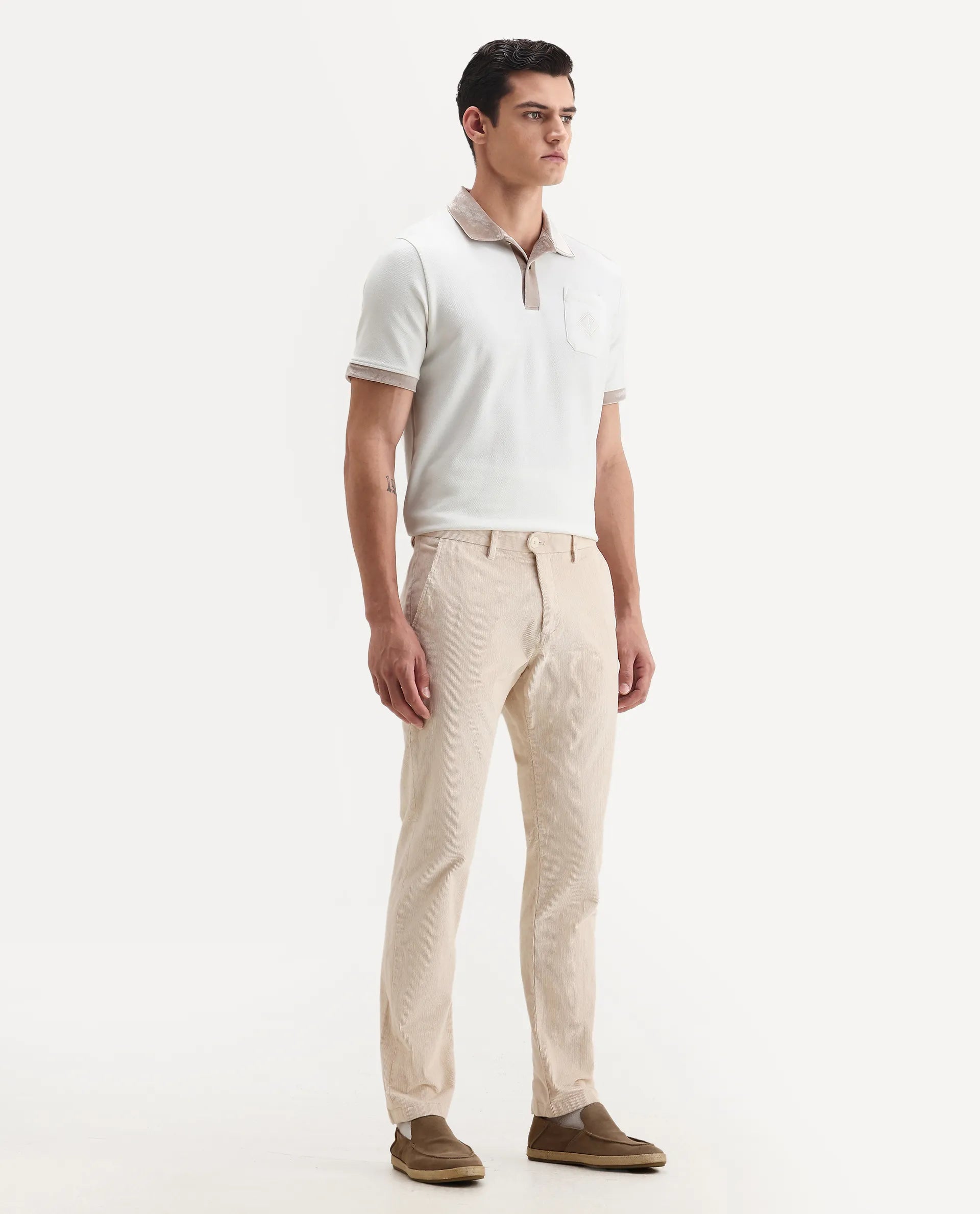 Rare Rabbit Men's Upton Off White Cotton Plain Regular Fit Trouser
