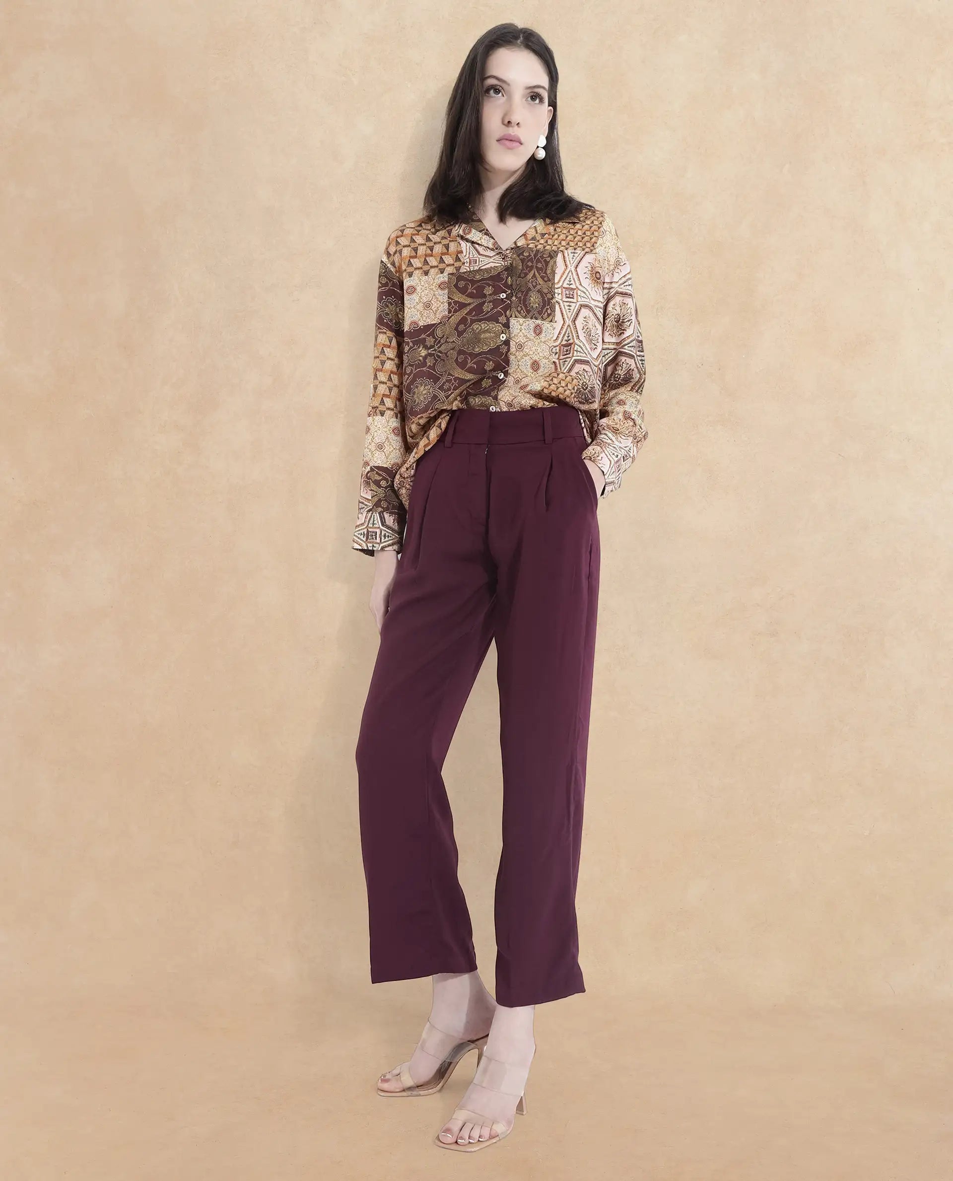 Rareism Women Urap Dark Maroon Straight Fit Ankle Length Plain Trouser