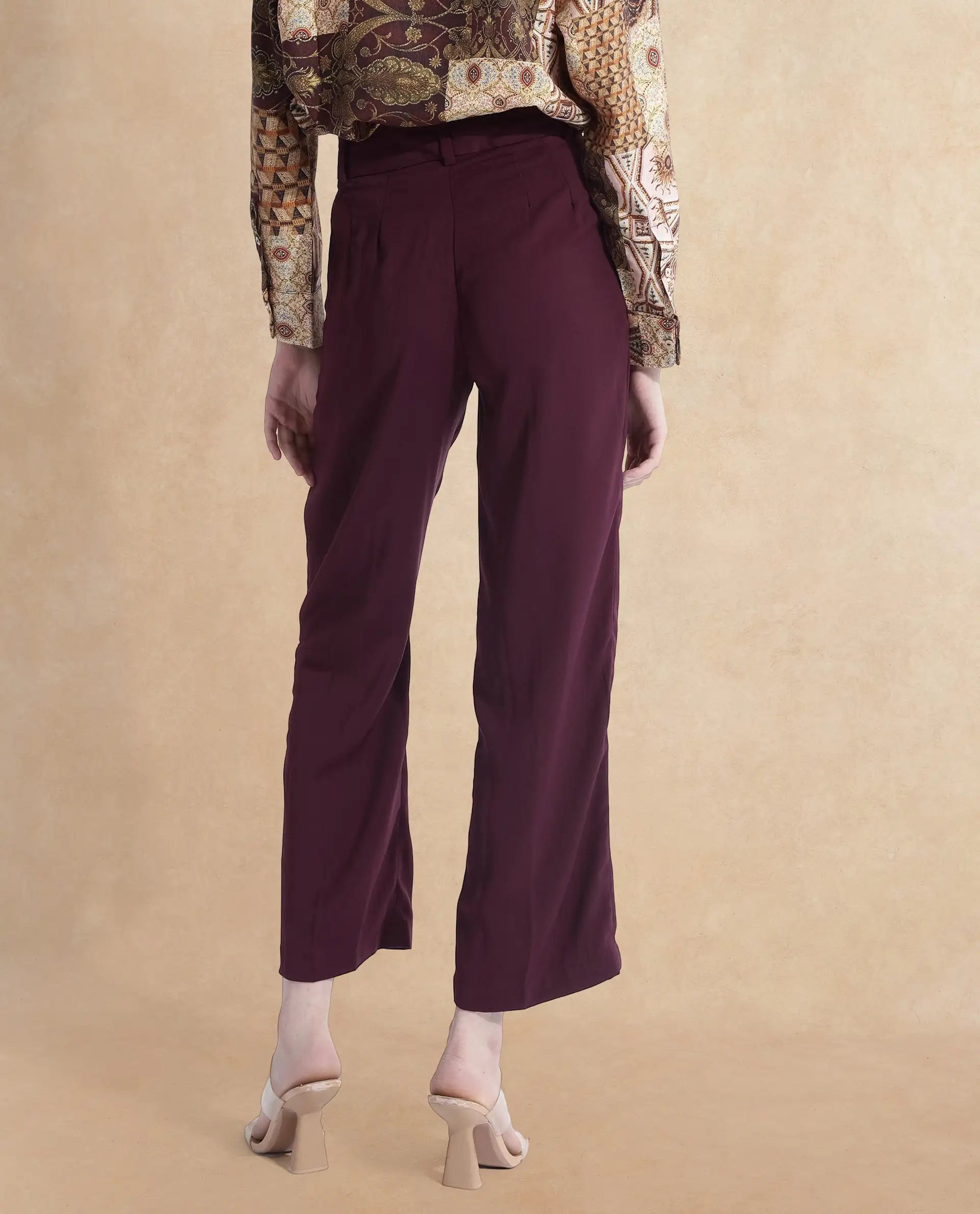 Rareism Women Urap Dark Maroon Straight Fit Ankle Length Plain Trouser