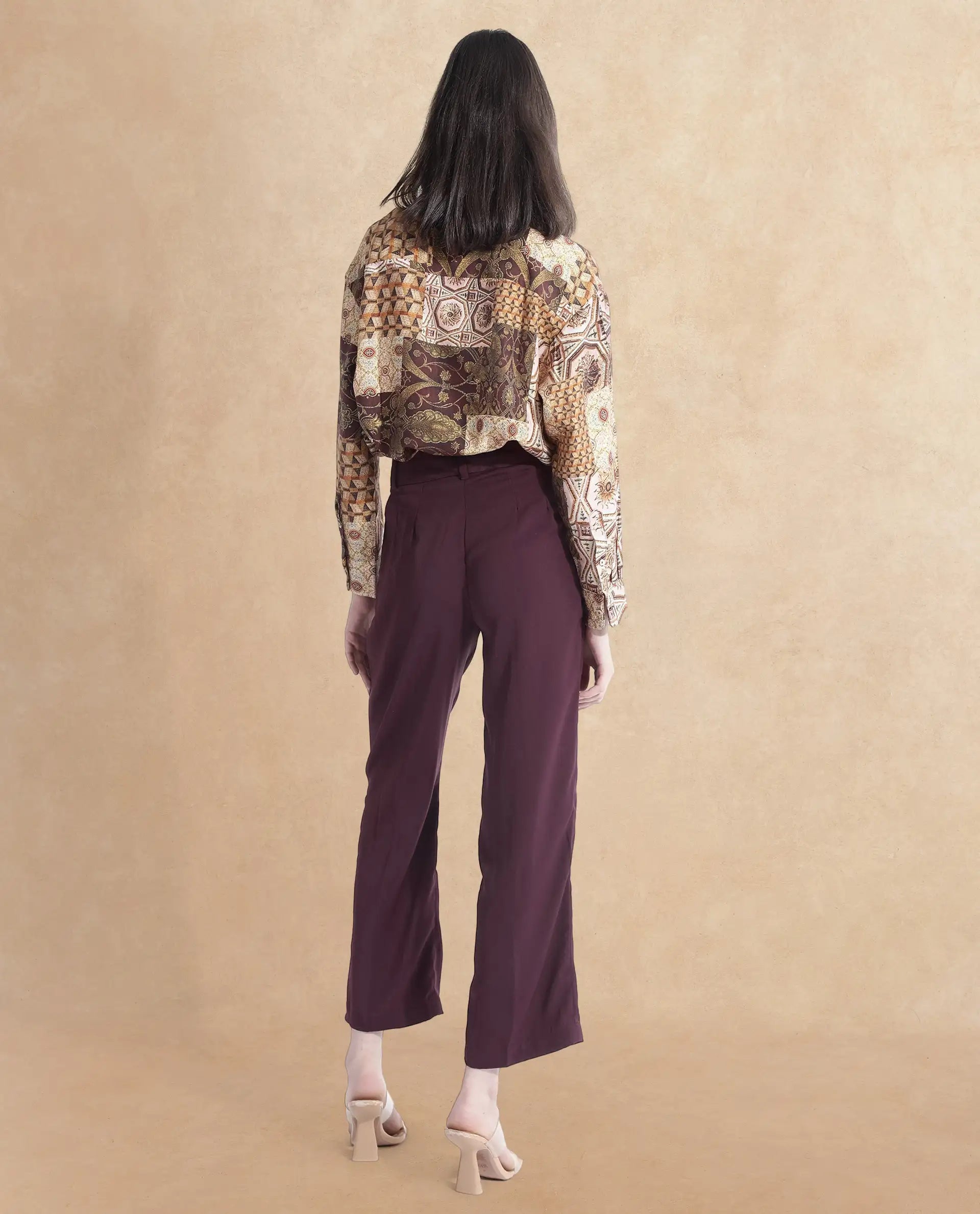 Rareism Women Urap Dark Maroon Straight Fit Ankle Length Plain Trouser