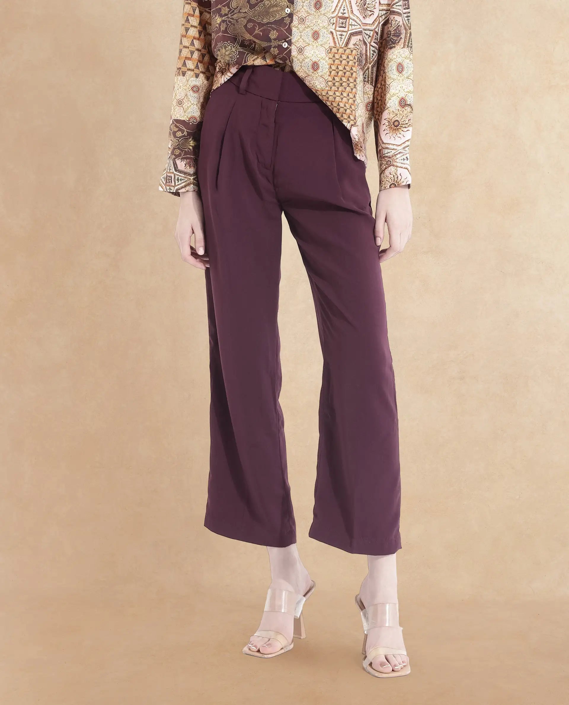 Rareism Women Urap Dark Maroon Straight Fit Ankle Length Plain Trouser