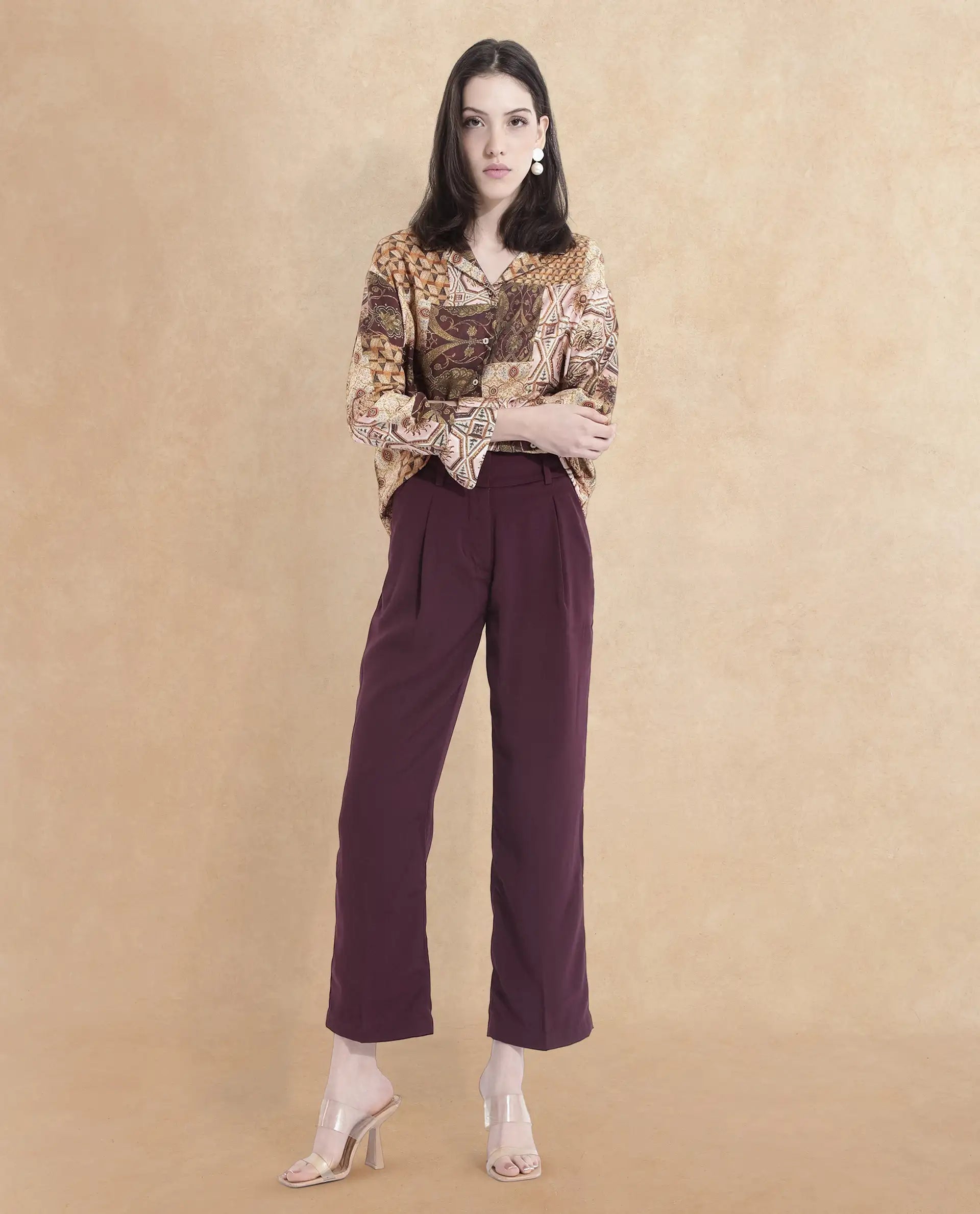 Rareism Women Urap Dark Maroon Straight Fit Ankle Length Plain Trouser