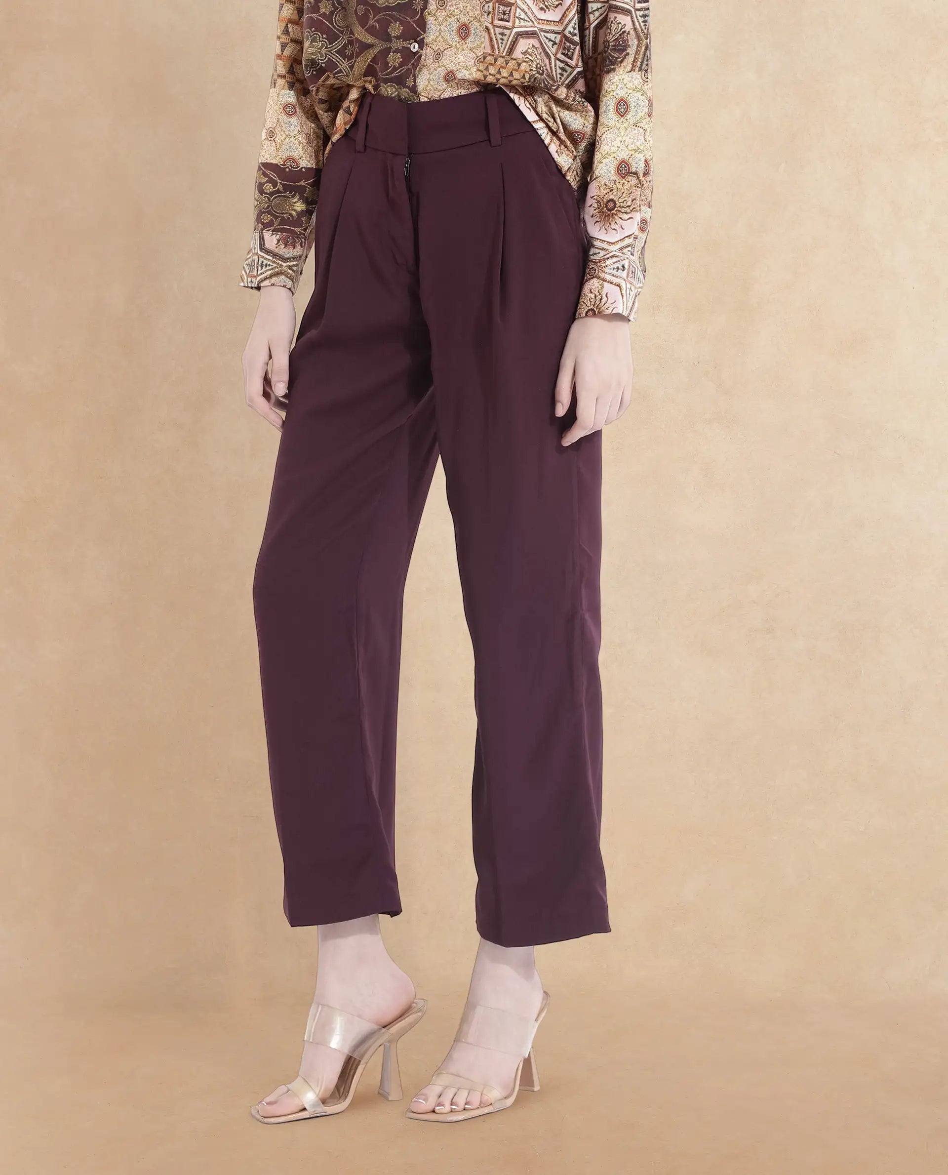 Rareism Women Urap Dark Maroon Straight Fit Ankle Length Plain Trouser