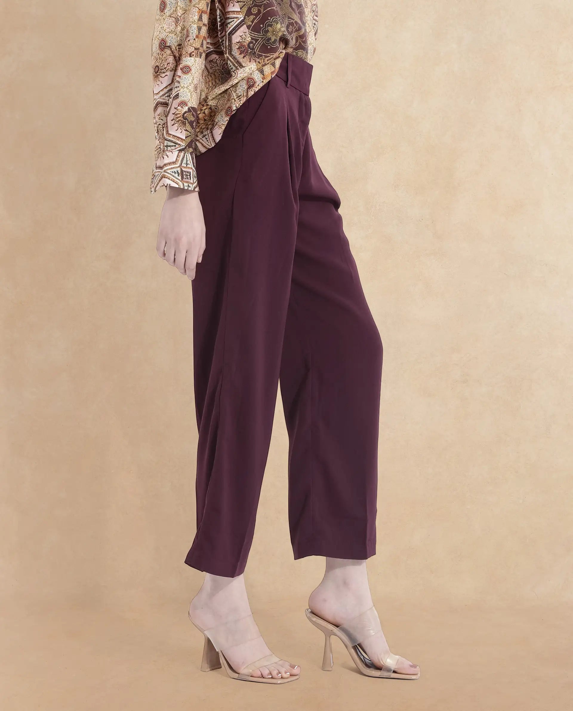 Rareism Women Urap Dark Maroon Straight Fit Ankle Length Plain Trouser