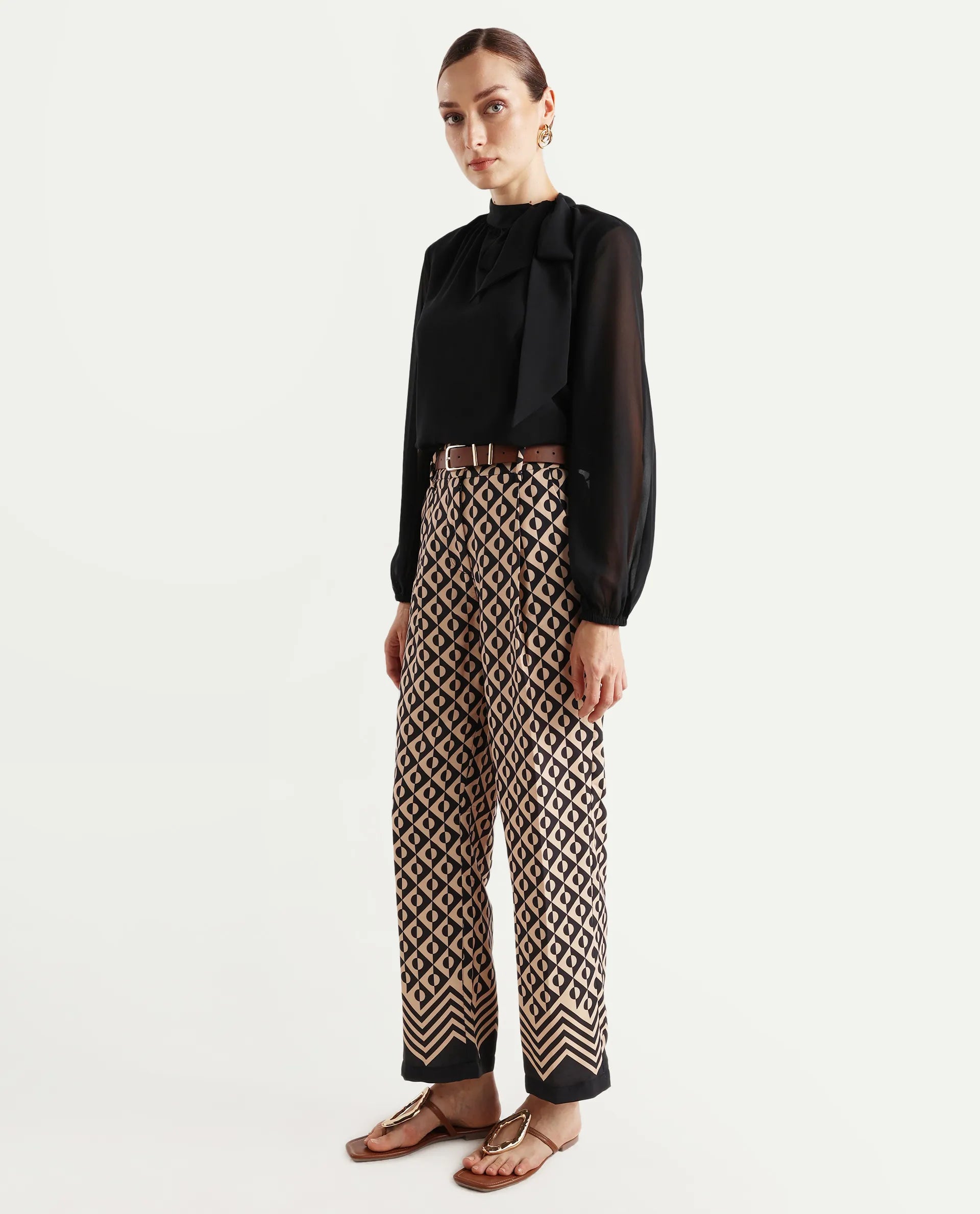 Rareism Women's Urapan Black Polyester Blend Geometric Print Ankle Length Straight Fit Trouser