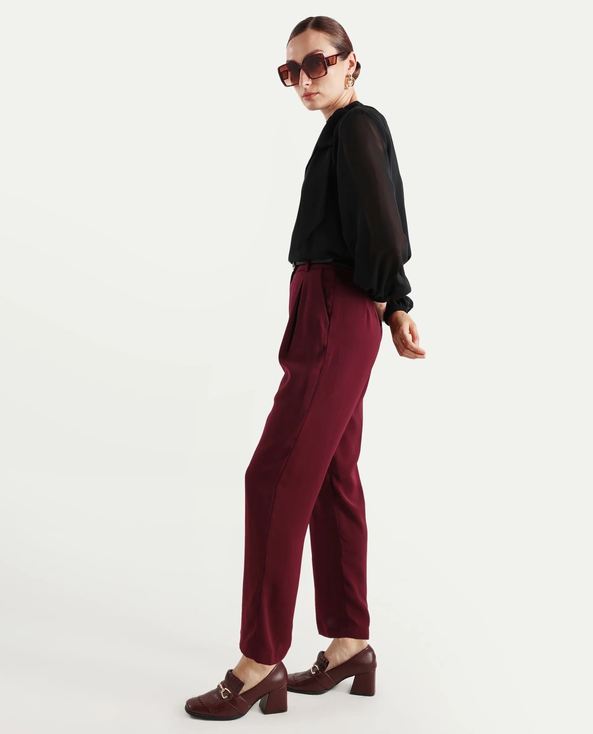 Rareism Women's Urap Dark Maroon Polyester Blend Plain Ankle Length Straight Fit Trouser