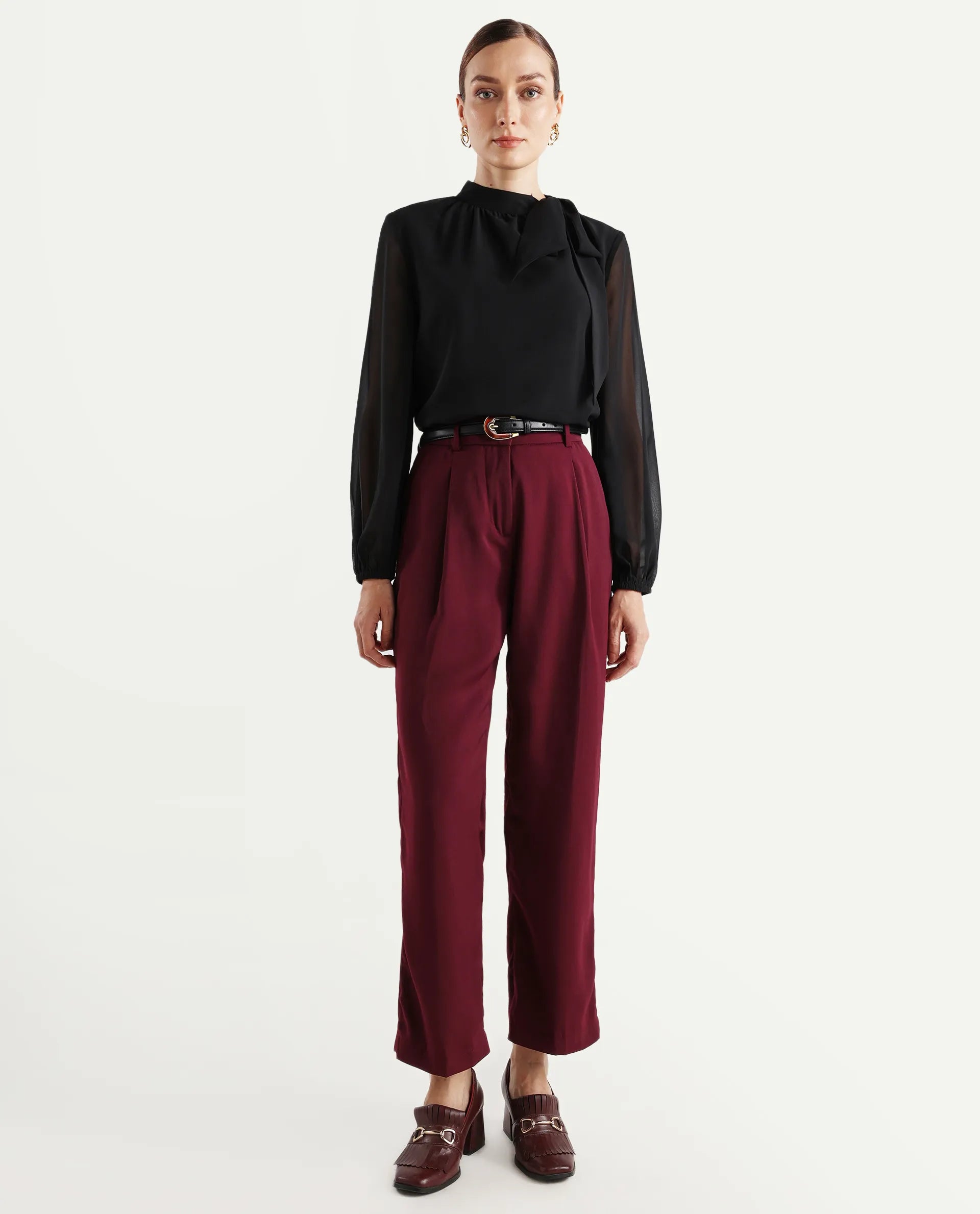 Rareism Women's Urap Dark Maroon Polyester Blend Plain Ankle Length Straight Fit Trouser