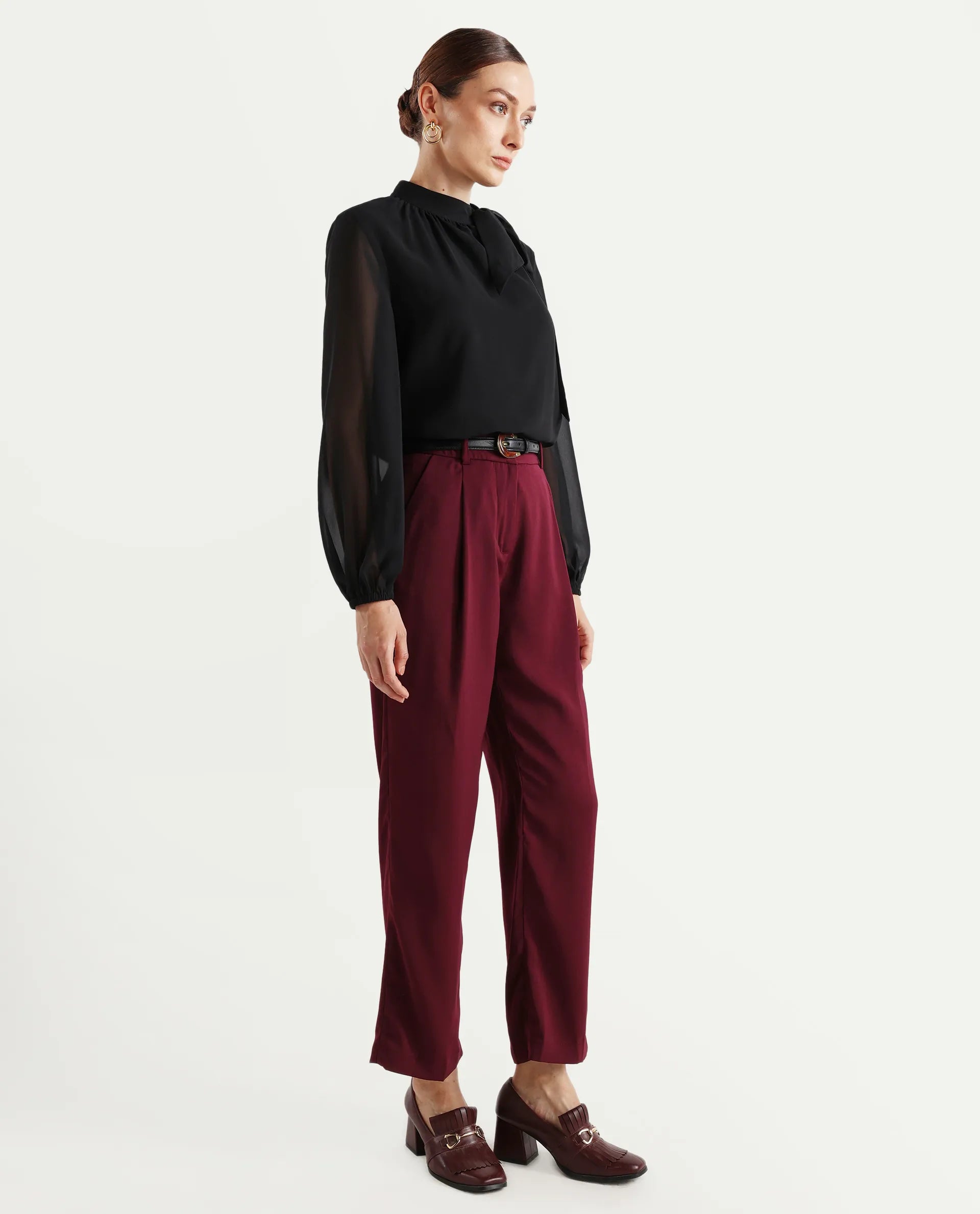 Rareism Women's Urap Dark Maroon Polyester Blend Plain Ankle Length Straight Fit Trouser