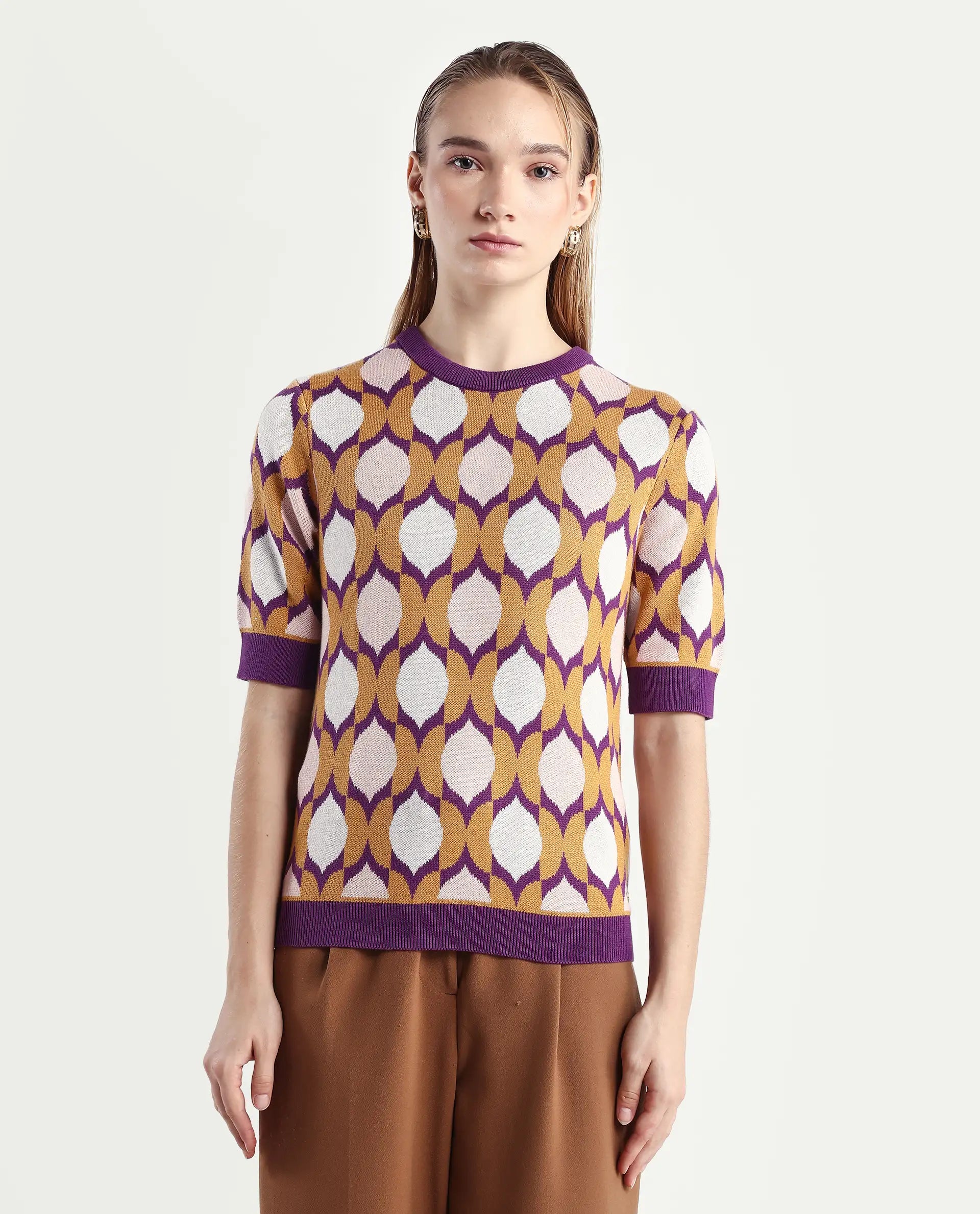 Rareism Women's Ursha Multi Cotton Crew Neck Geometric Print Regular Fit Top