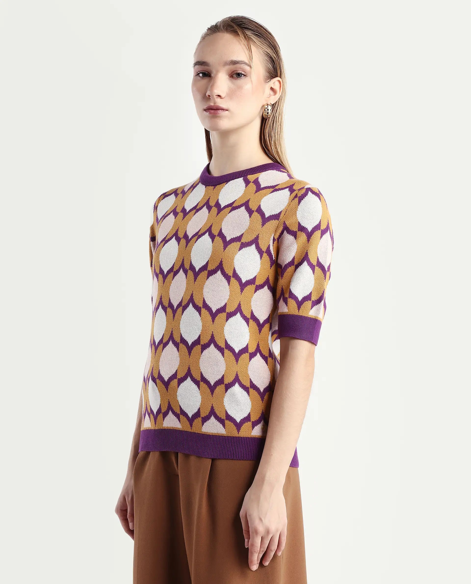 Rareism Women's Ursha Multi Cotton Crew Neck Geometric Print Regular Fit Top