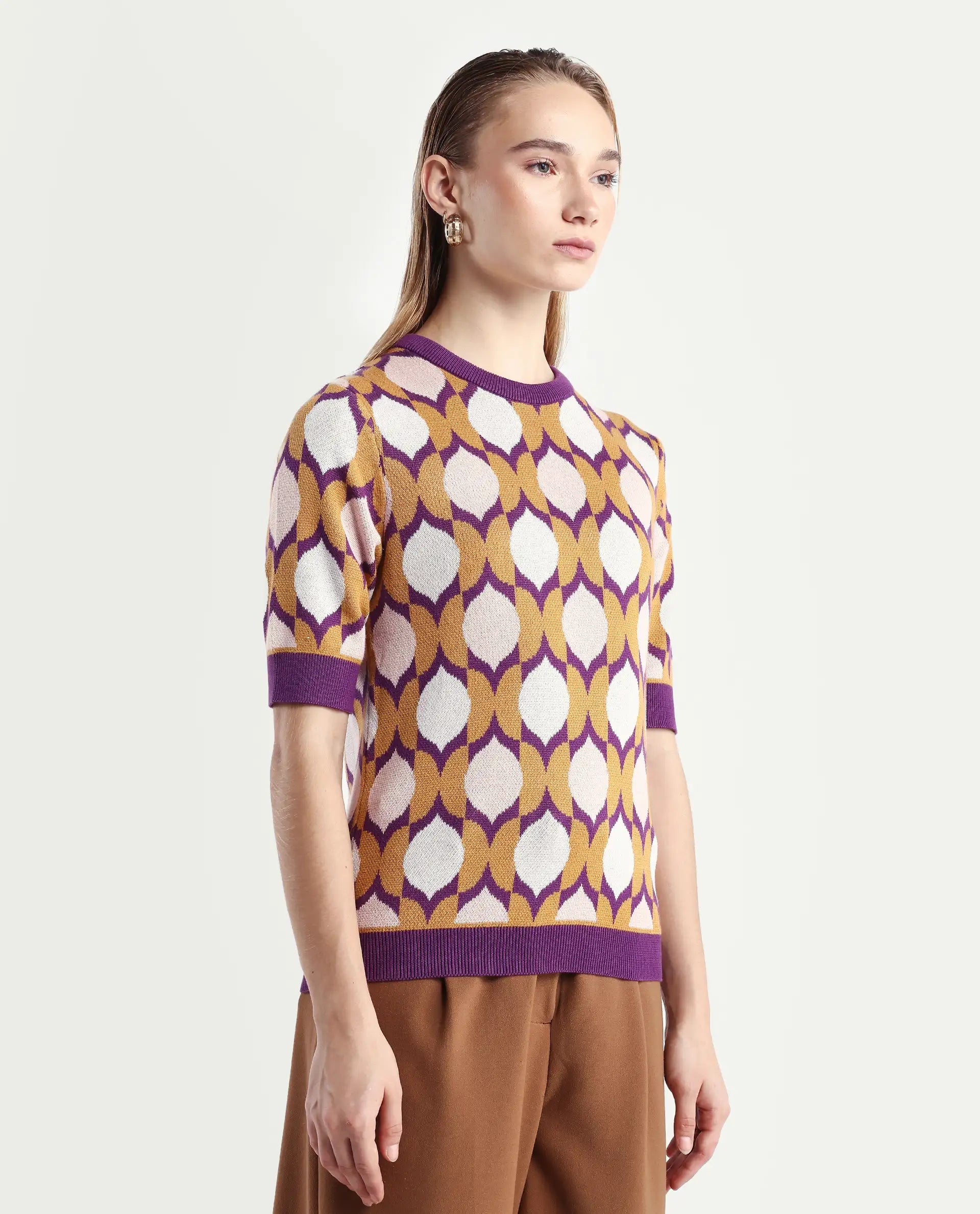 Rareism Women's Ursha Multi Cotton Crew Neck Geometric Print Regular Fit Top