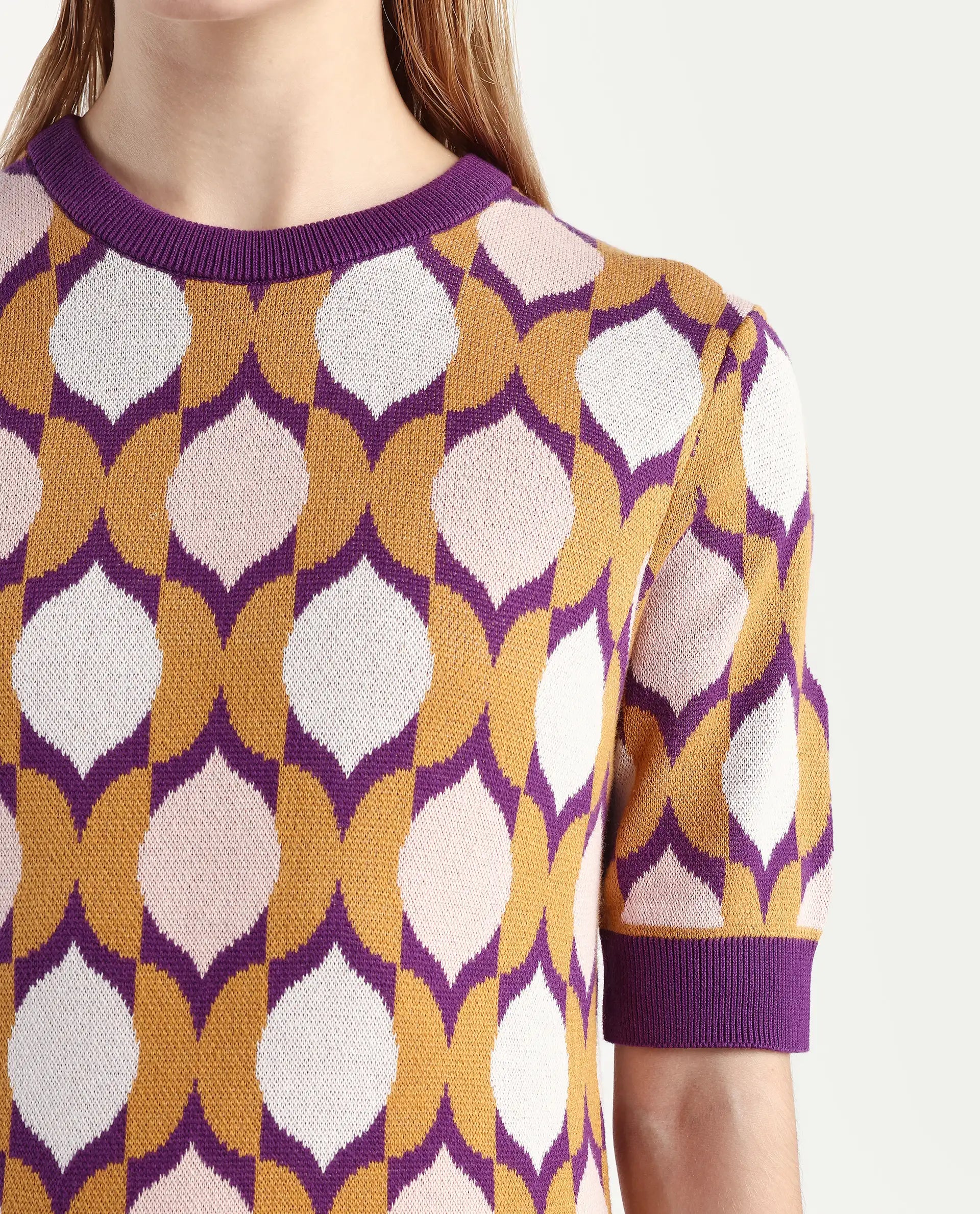 Rareism Women's Ursha Multi Cotton Crew Neck Geometric Print Regular Fit Top