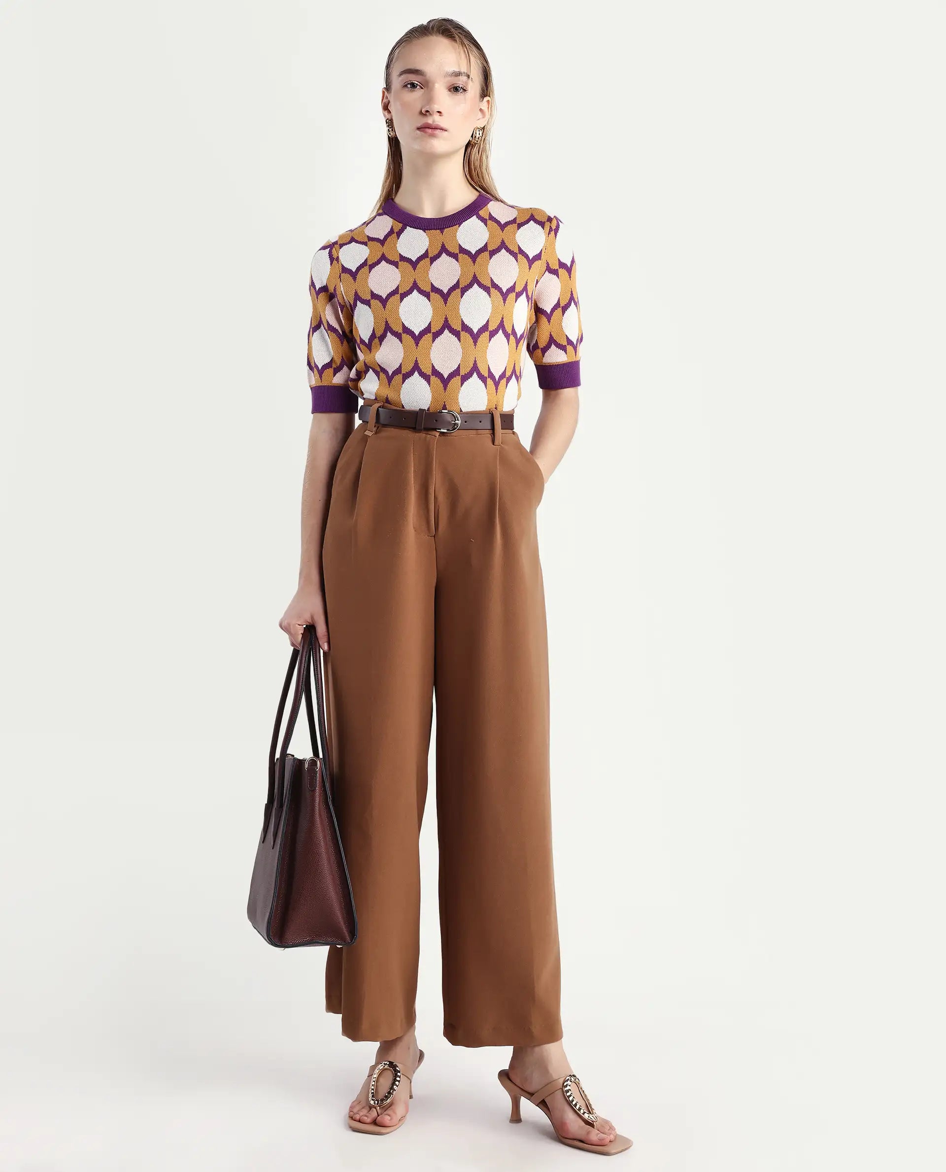 Rareism Women's Ursha Multi Cotton Crew Neck Geometric Print Regular Fit Top