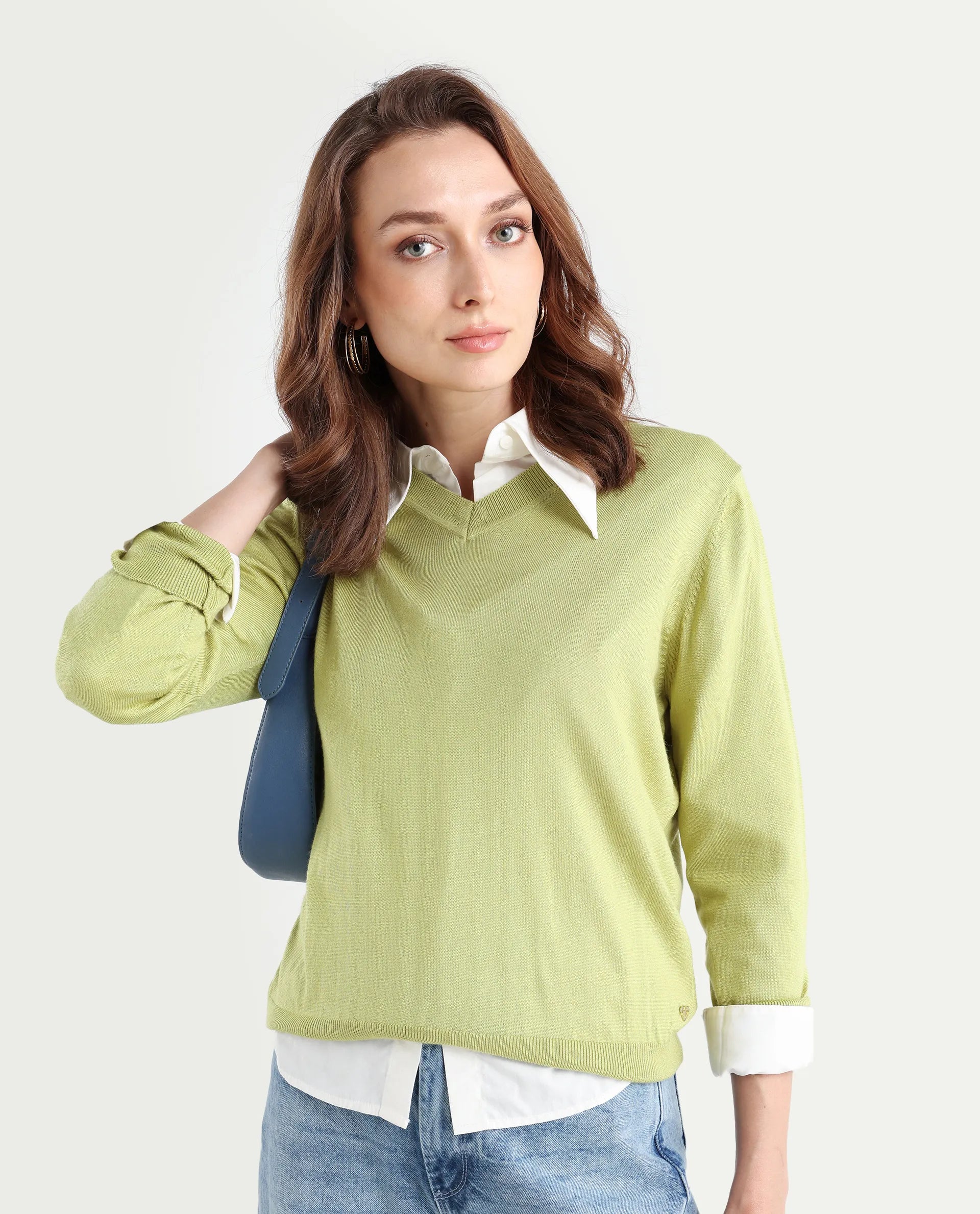 Rareism Women's Usak Flouroscent Green Acrylic V-Neck Plain Regular Fitted Sweater