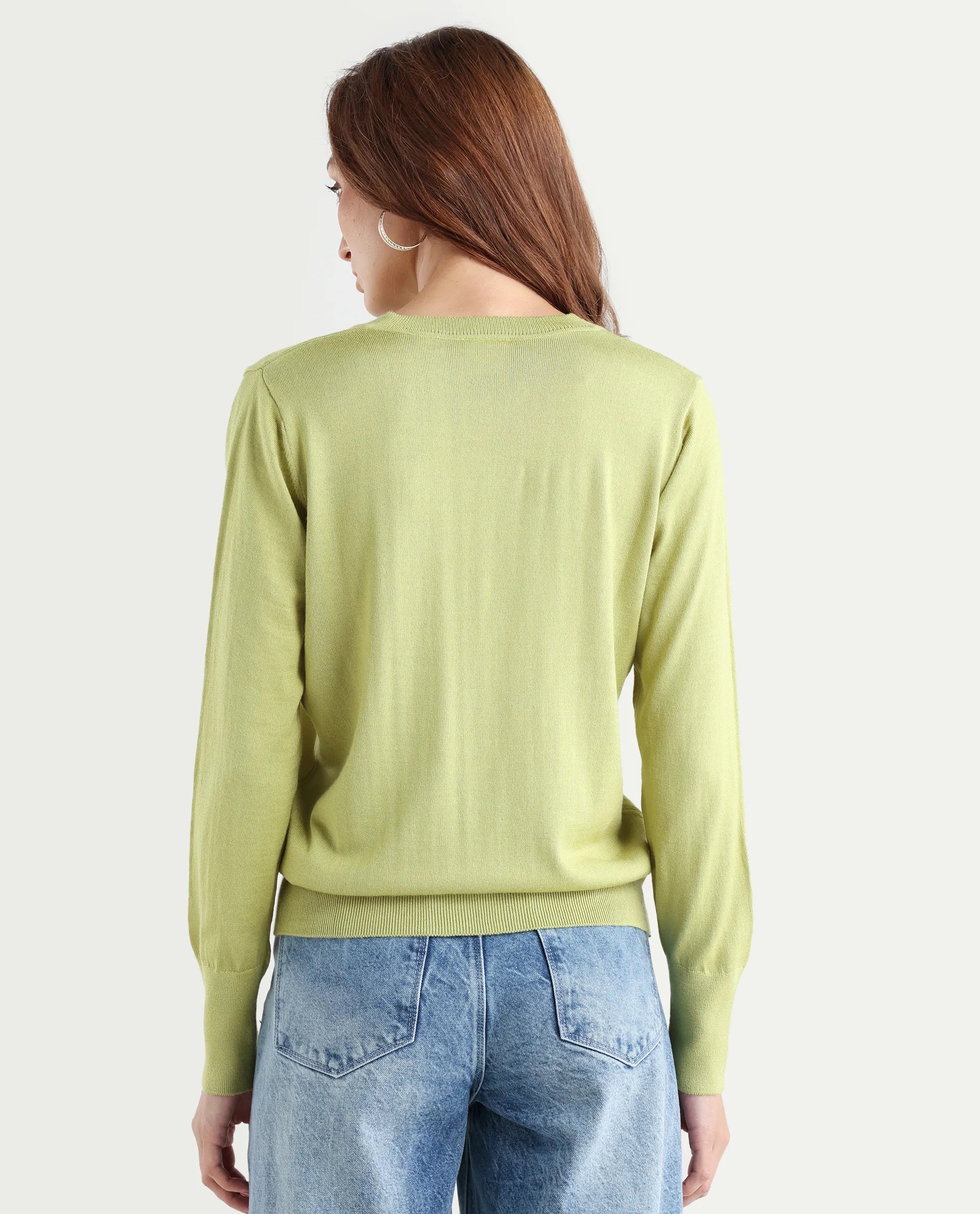 Rareism Women's Usak Flouroscent Green Acrylic V-Neck Plain Regular Fitted Sweater