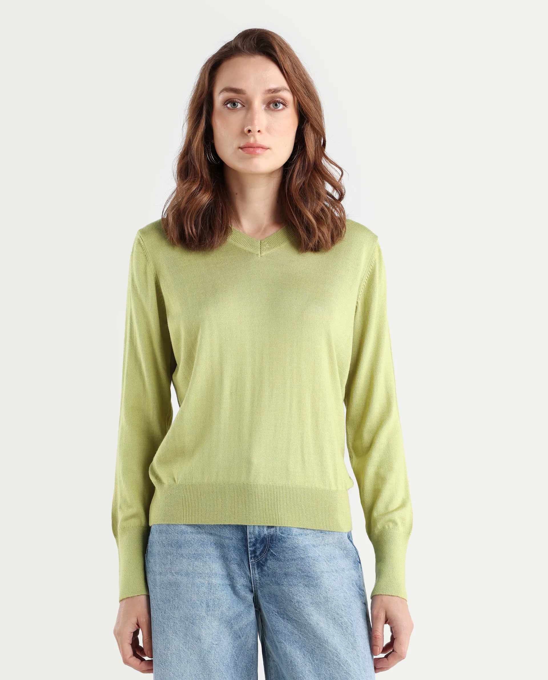 Rareism Women's Usak Flouroscent Green Acrylic V-Neck Plain Regular Fitted Sweater