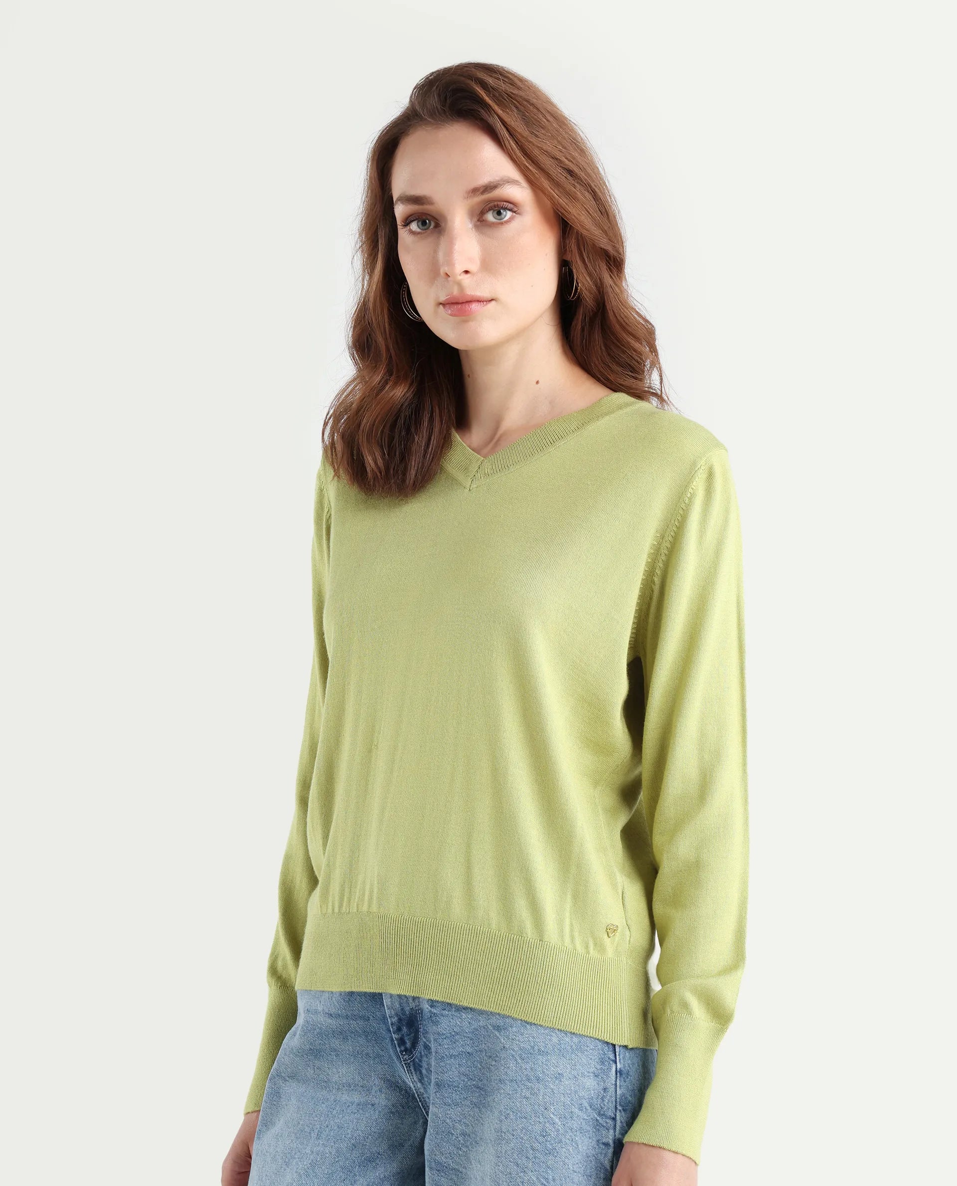 Rareism Women's Usak Flouroscent Green Acrylic V-Neck Plain Regular Fitted Sweater