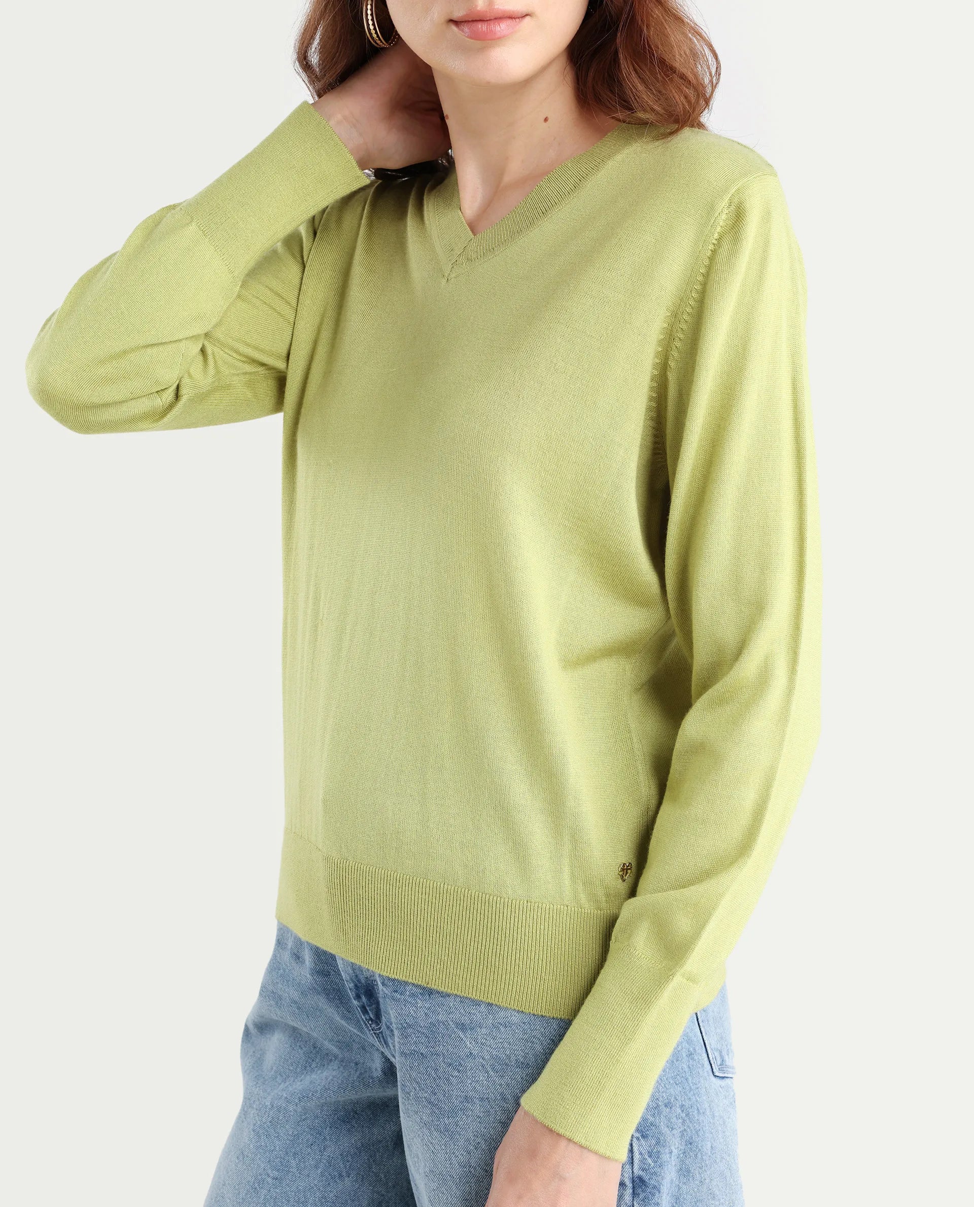 Rareism Women's Usak Flouroscent Green Acrylic V-Neck Plain Regular Fitted Sweater