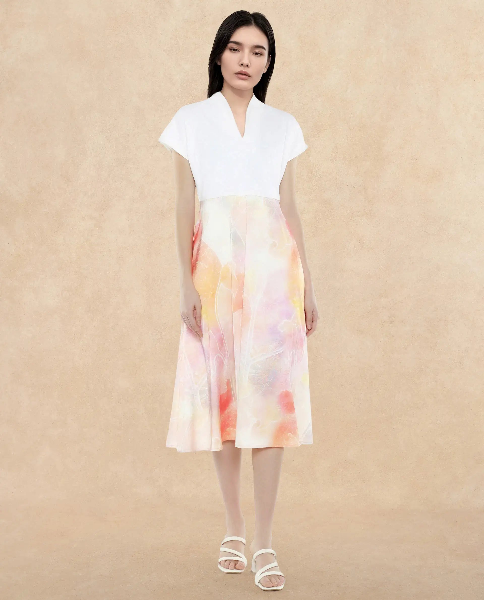 Rareism Women Usoppin Multi Extended Sleeves Built-Up Neck Zip Closure Fit And Flare Midi Abstract Print Dress