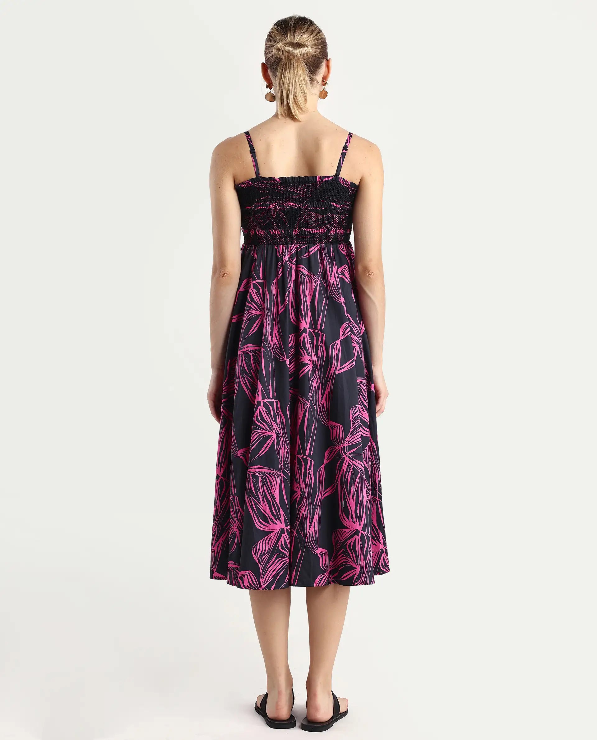 Rareism Women's Utjola Black Cotton Tube Neck Abstract Print Sleeveless Midi Fit And Flare Dress