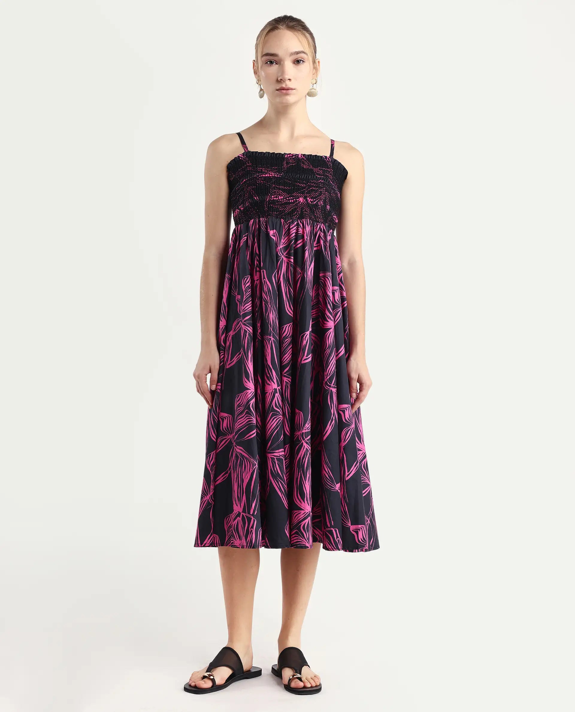 Rareism Women's Utjola Black Cotton Tube Neck Abstract Print Sleeveless Midi Fit And Flare Dress